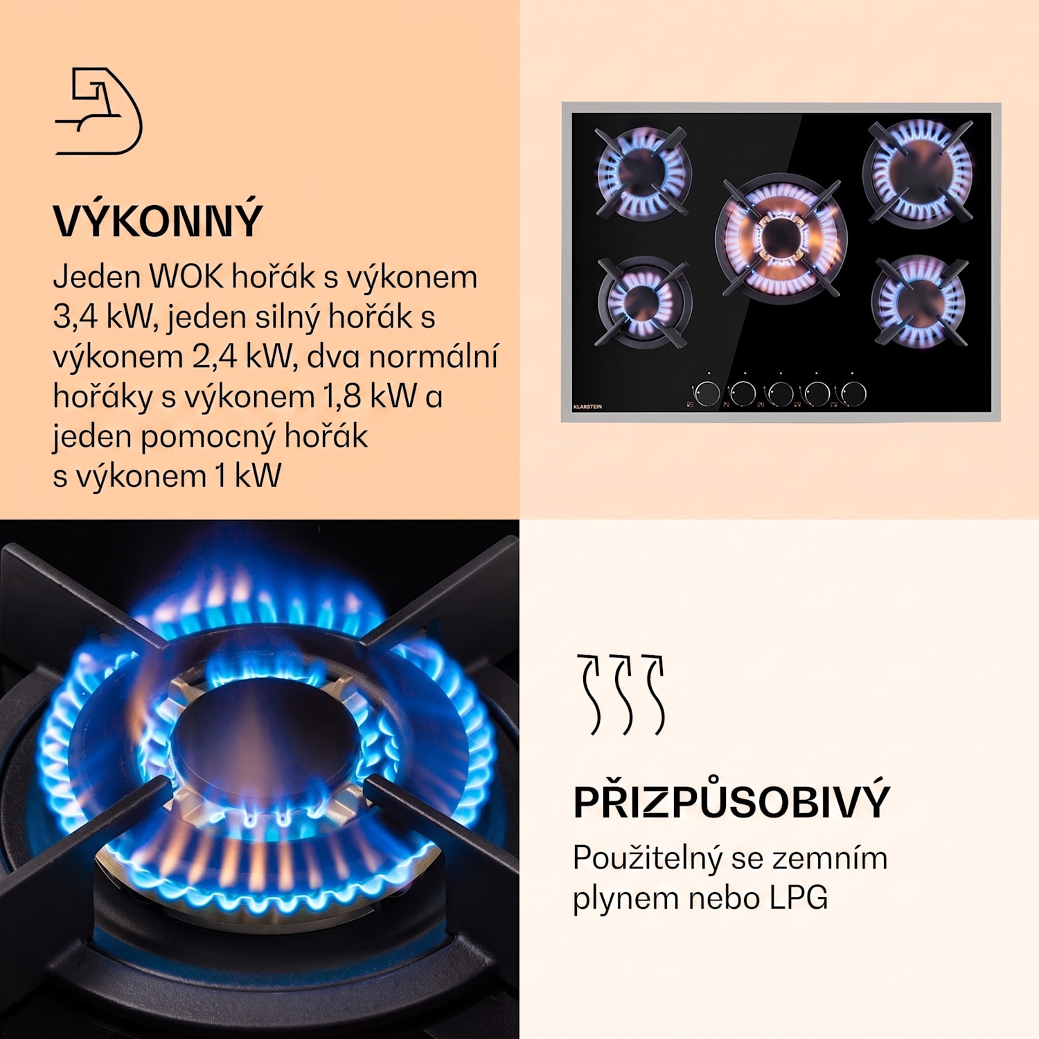Goldflame 5 Prime, plynová varná deska, 5 hořáků Messing, sklokeramika 70 cm | Sklo | Černá