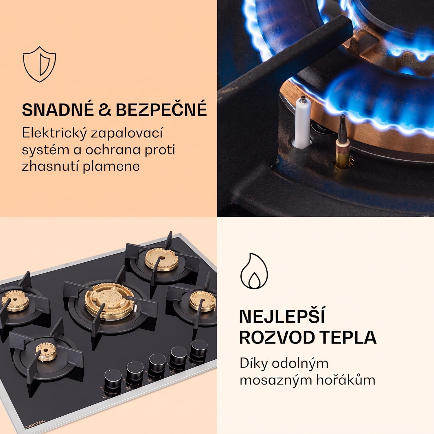 Goldflame 5 Prime, plynová varná deska, 5 hořáků Messing, sklokeramika 70 cm | Sklo | Černá