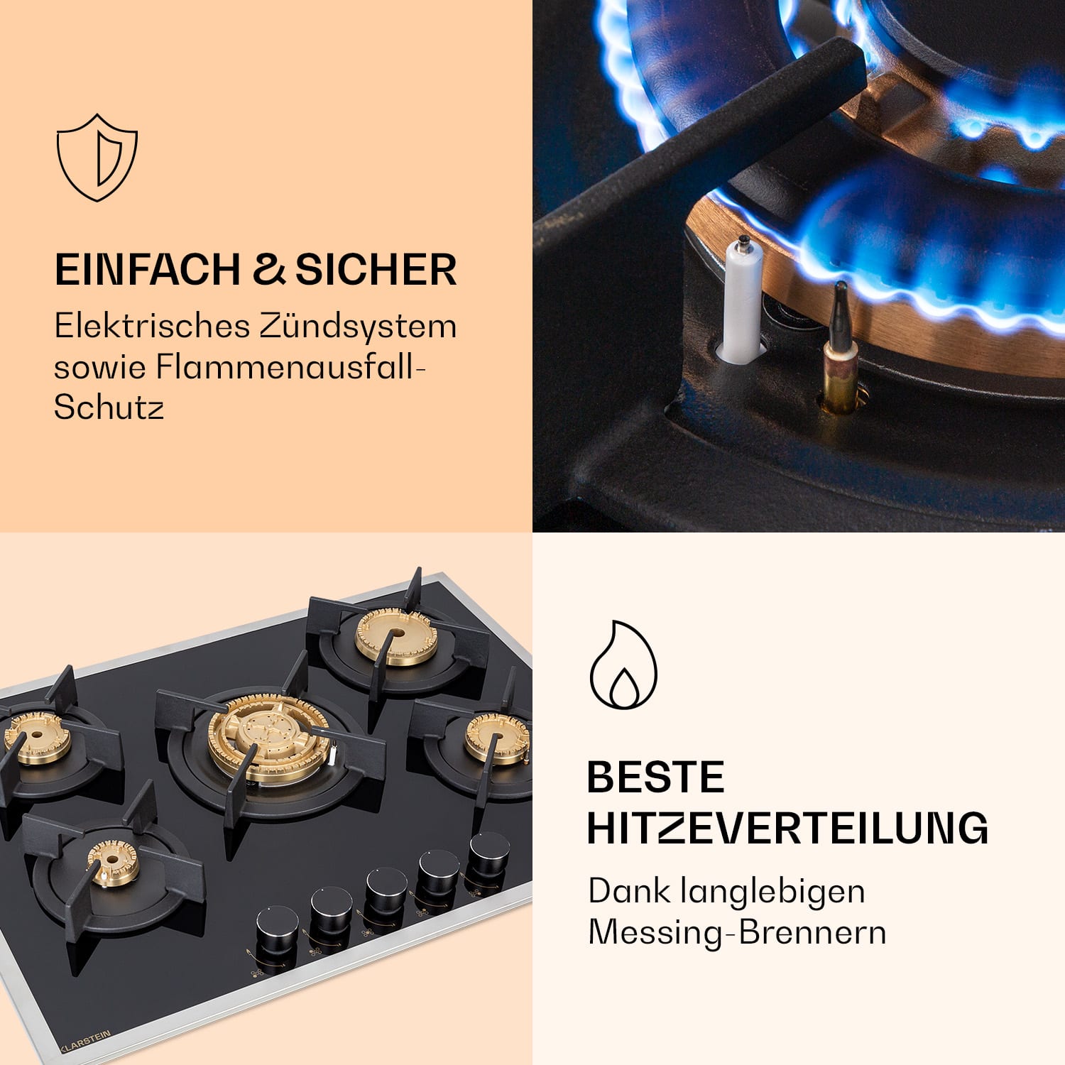 Goldflame 5 Prime Gaskochfeld 5-flammig Messing-Brenner Glaskeramik 70 cm | Glas | Schwarz