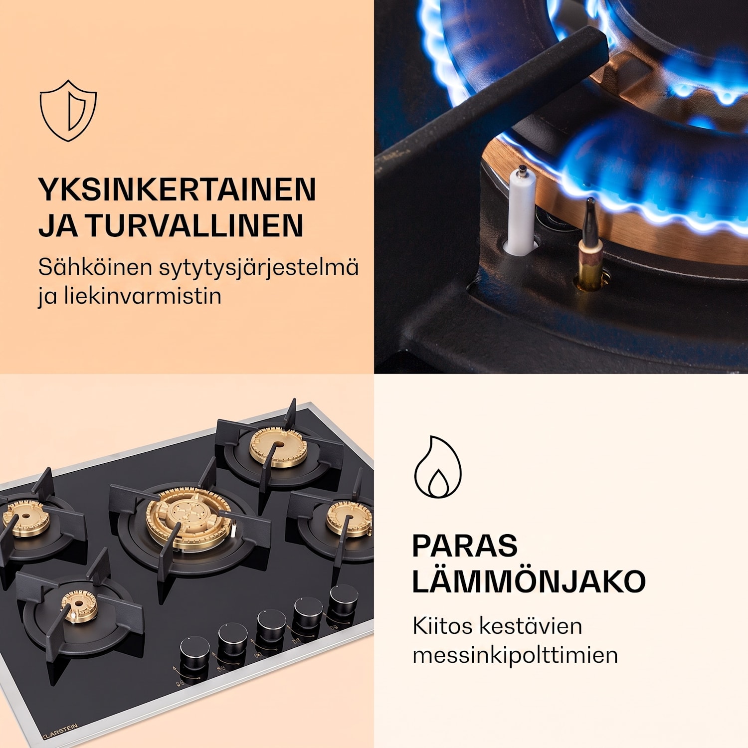 Goldflame 5 Prime -kaasuliesi 5 liekkiä messinkipolttimet lasikeramiikkaa 70 cm | Lasi | Musta
