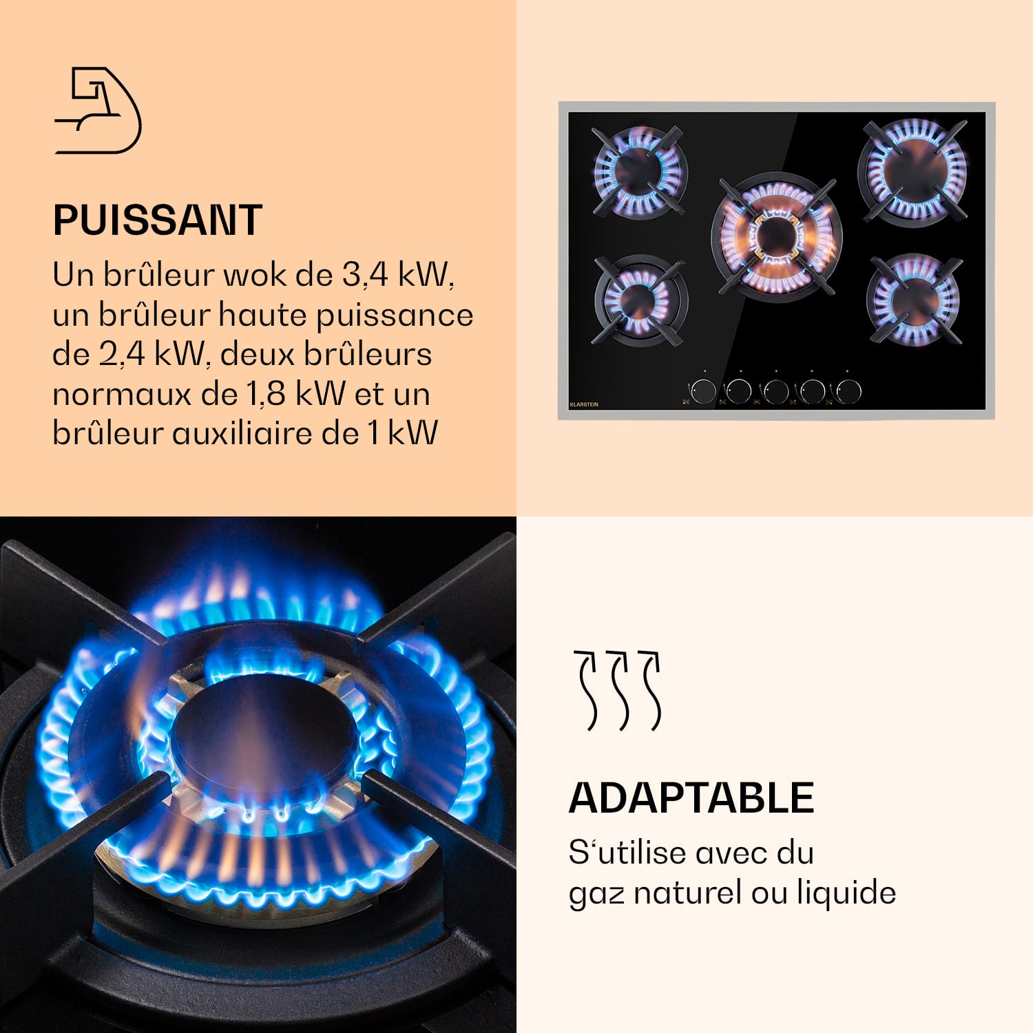 Goldflame 5 Prime gaskookplaat 5 pits messing brander glaskeramiek 70 cm | Glas | Zwart