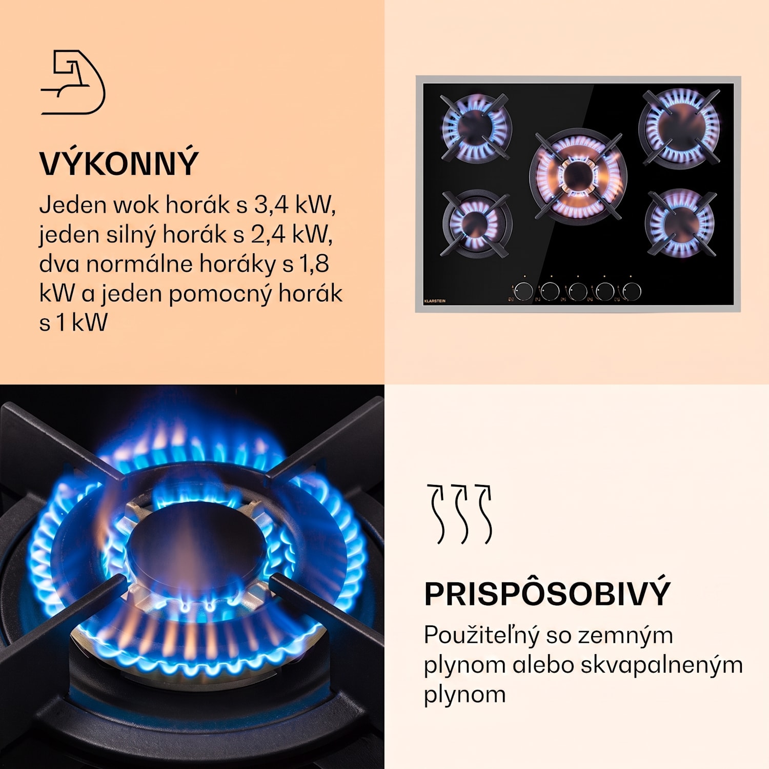 Goldflame 5 Prime, plynová varná doska, 5 Messing horákov, sklokeramika 70 cm | Sklo | Čierna
