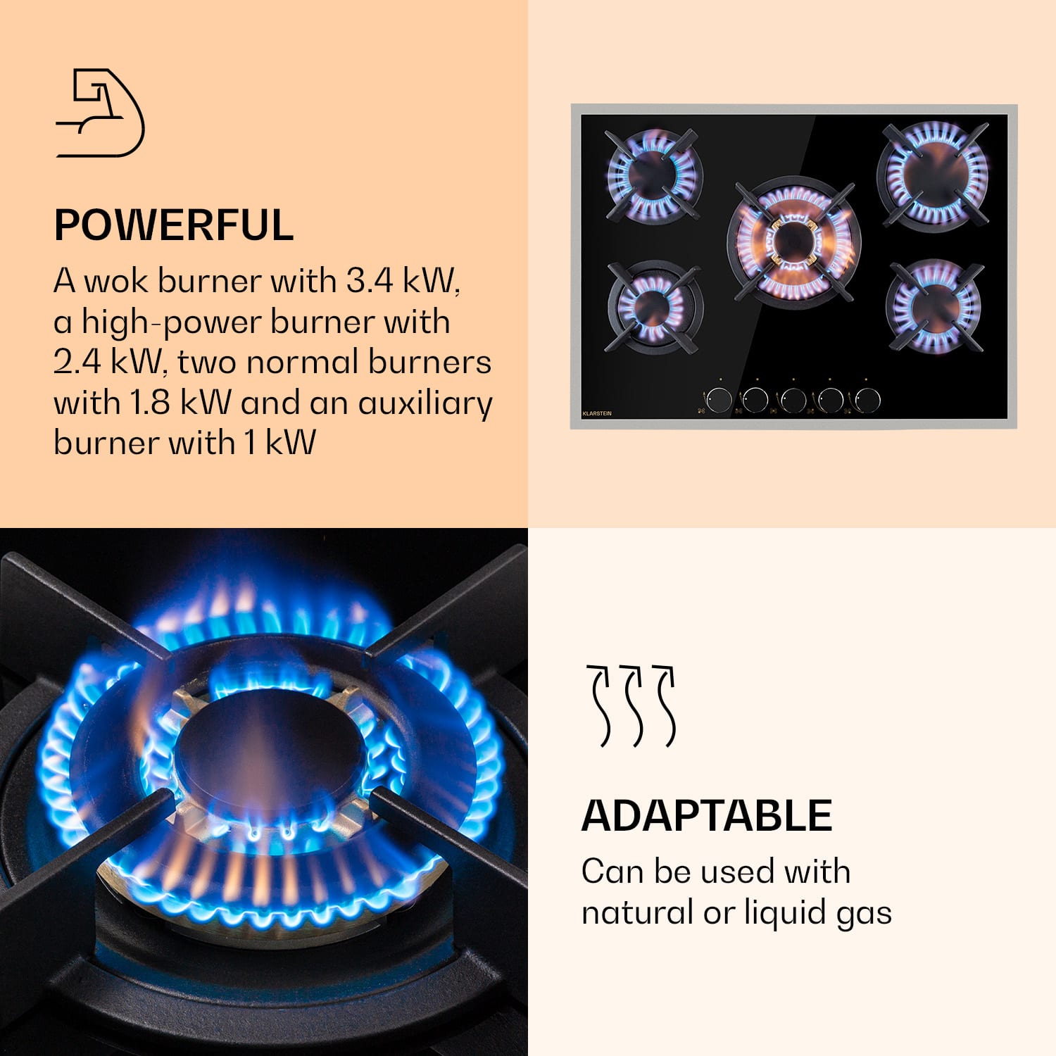 Goldflame 5 Prime, gázfőzőlap, 5 Messing égő, üvegkerámia 70 cm | Üveg | Fekete