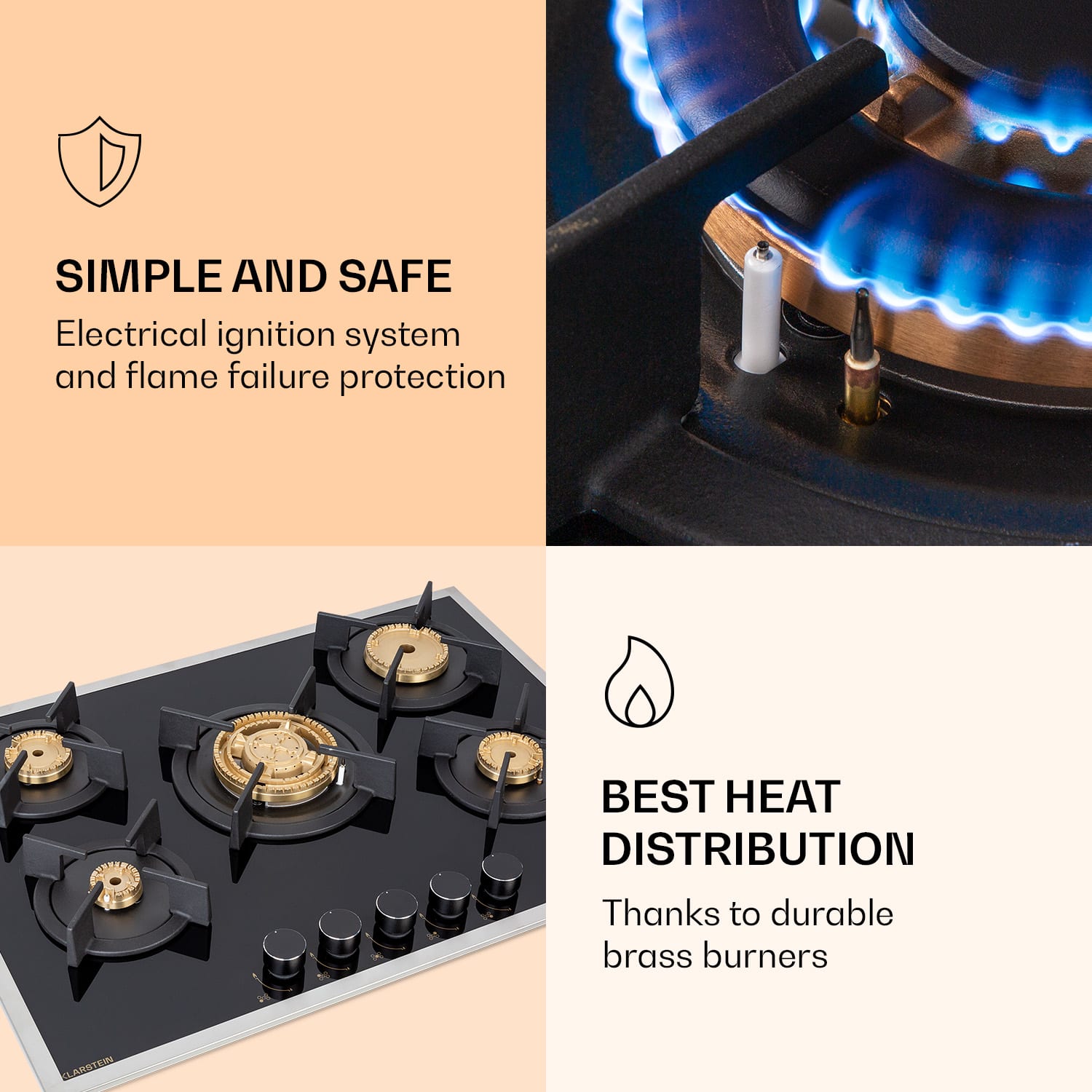 Goldflame 5 Prime, gázfőzőlap, 5 Messing égő, üvegkerámia 70 cm | Üveg | Fekete