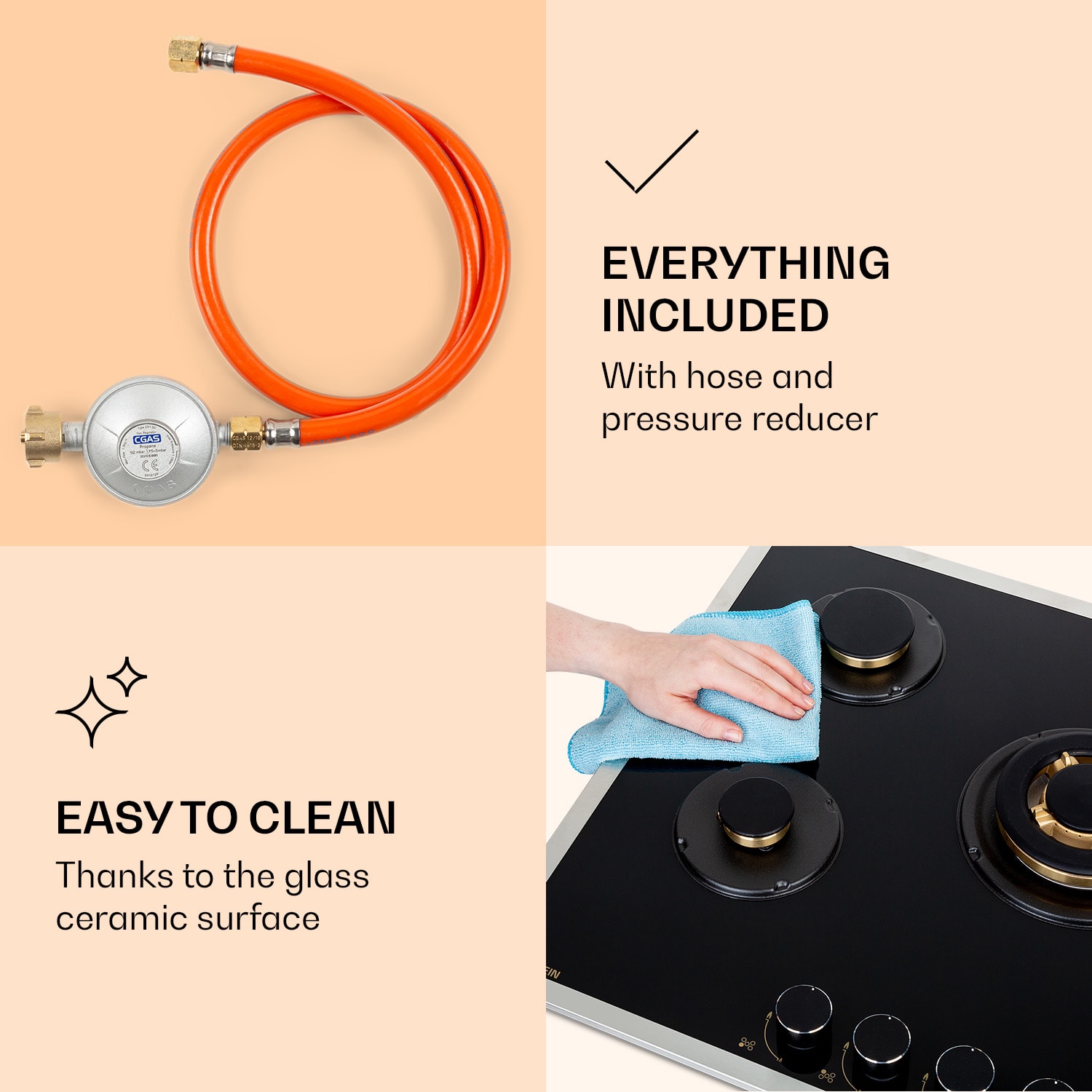 Goldflame 5 Prime, gázfőzőlap, 5 Messing égő, üvegkerámia 70 cm | Üveg | Fekete