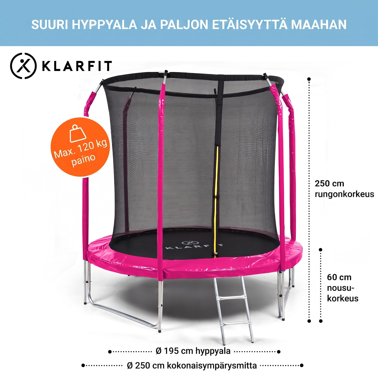 Jumpstarter trampoliini 2,5 m Ø verkko max. 120 kg 195 cm Ø hyppyalue Fuksia
