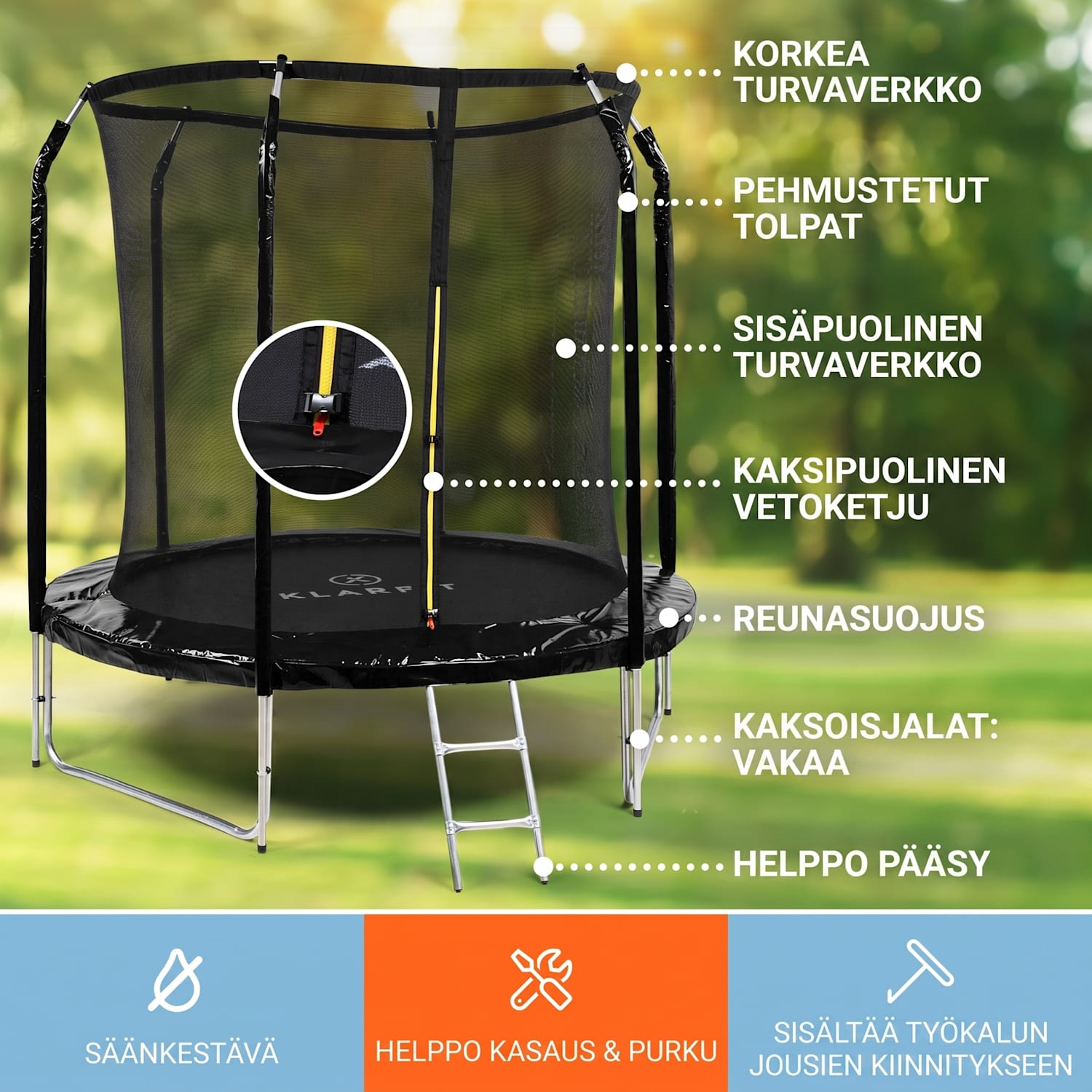 Jumpstarter trampoliini 2,5 m Ø verkko max. 120 kg 195 cm Ø hyppyalue Musta
