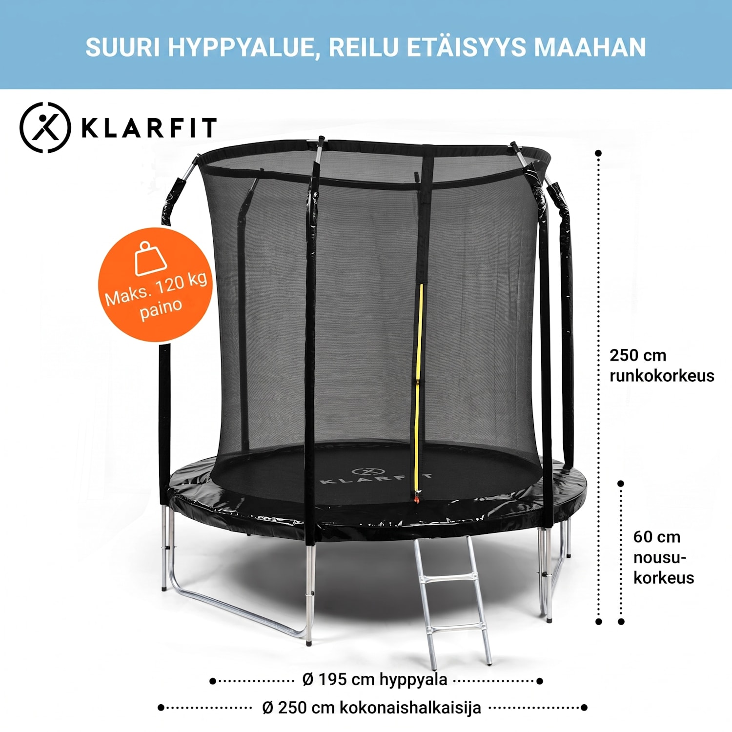 Jumpstarter trampoliini 2,5 m Ø verkko max. 120 kg 195 cm Ø hyppyalue Musta