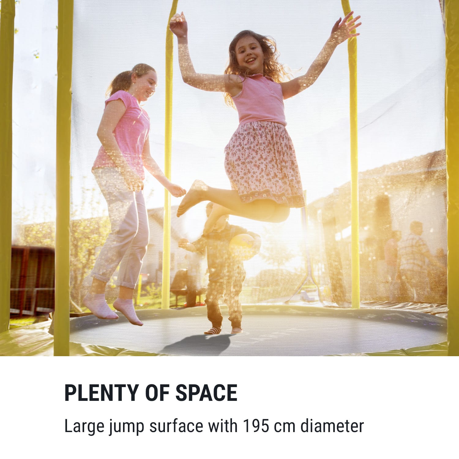 Jumpstarter, trambulin, 2,5 m Ø, háló 120 kg max., 195 cm Ø ugrófelület Sárga