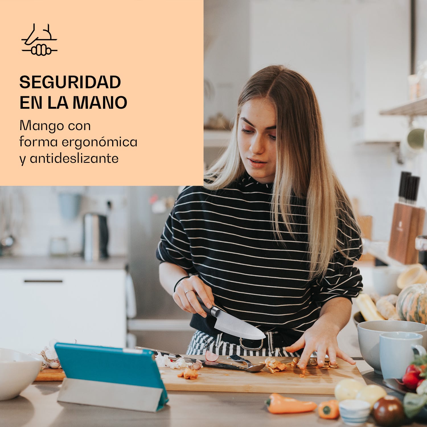 Kitano 8 piezas Juego de cuchillos con taco 7 cuchillos acero noble bloque de madera Acacia