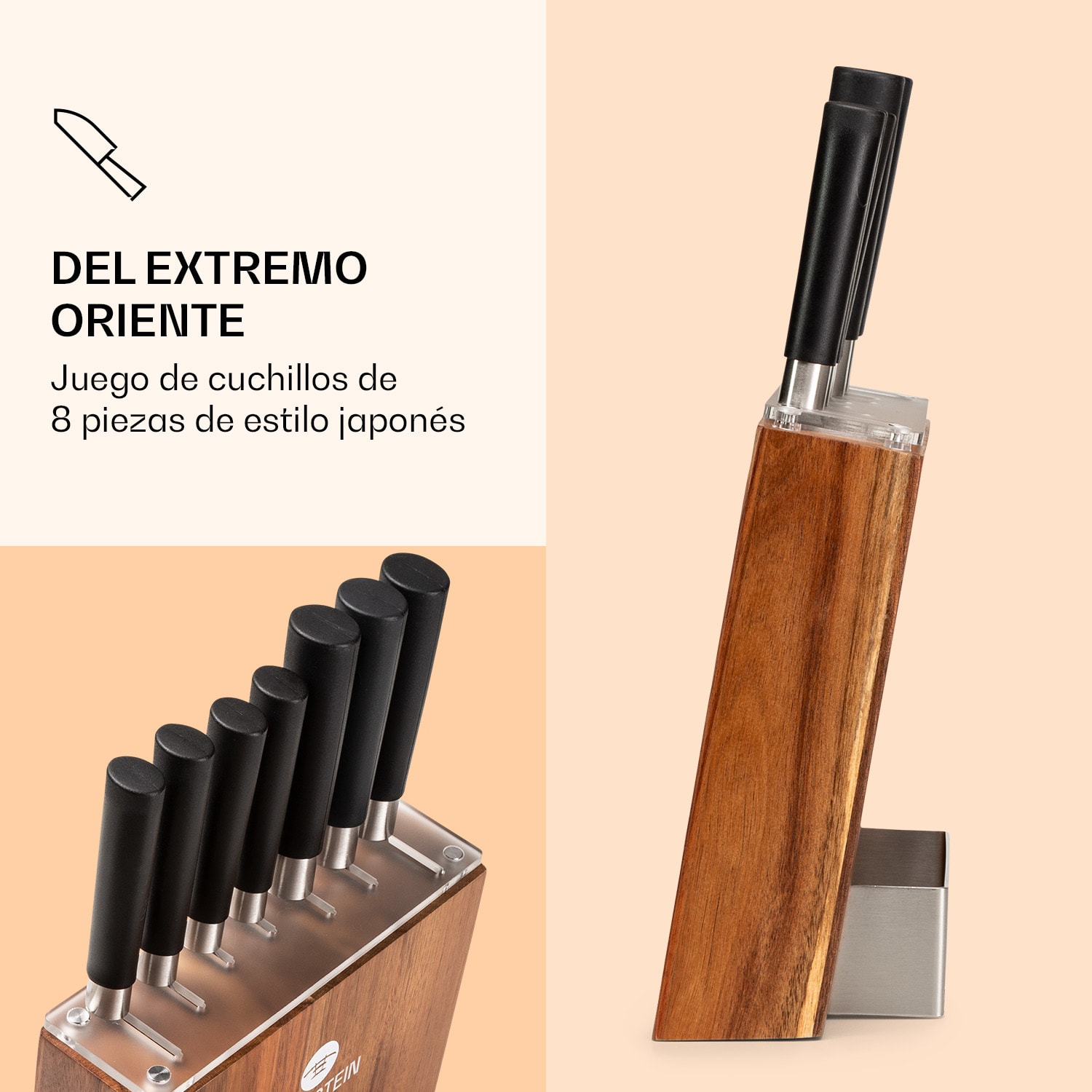 Kitano 8 piezas Juego de cuchillos con taco 7 cuchillos acero noble bloque de madera Acacia