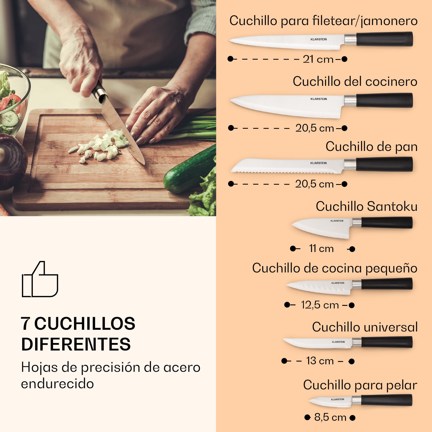 Kitano 8 piezas Juego de cuchillos con taco 7 cuchillos acero noble bloque de madera Acacia