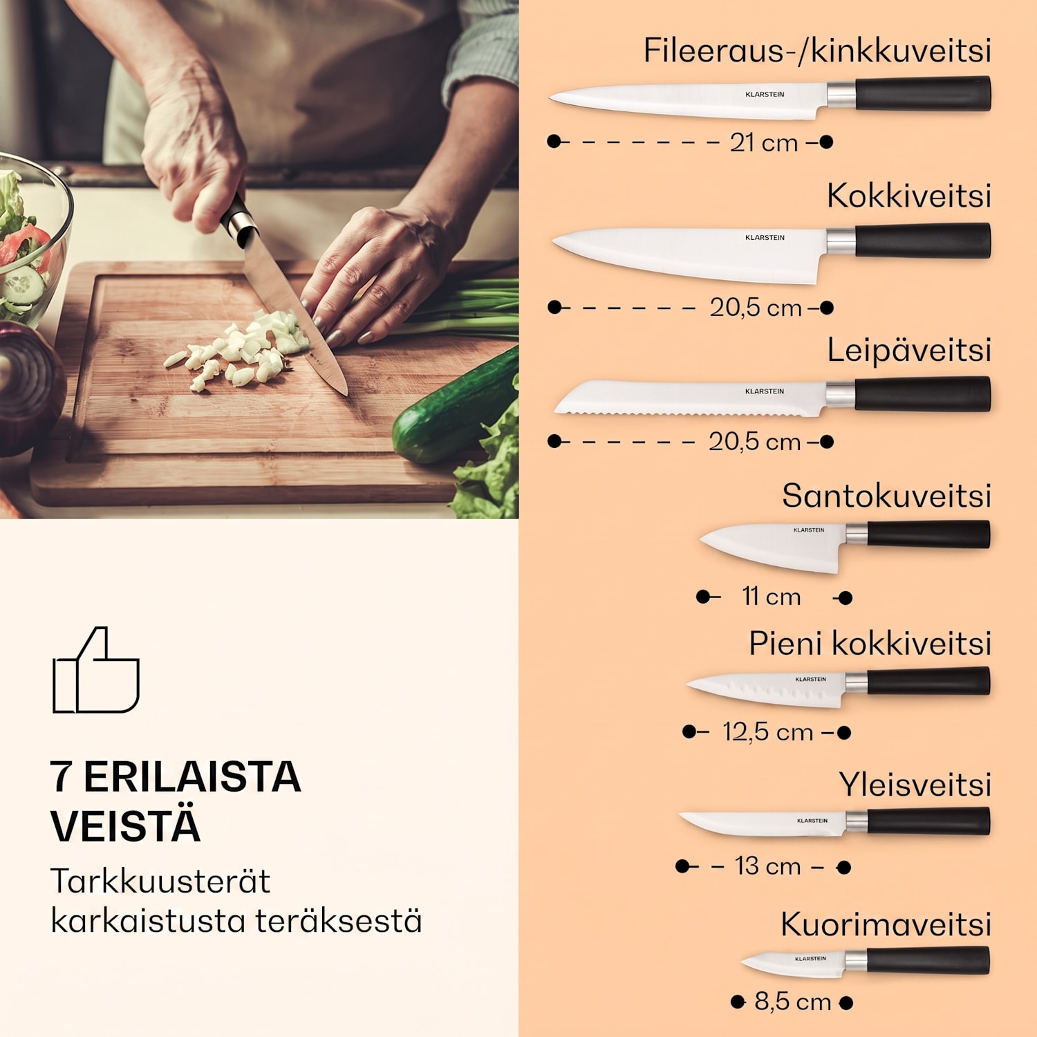 Kitano 8-osainen veitsisarja puukehyksellä, 7 terästä terästä Akaasia