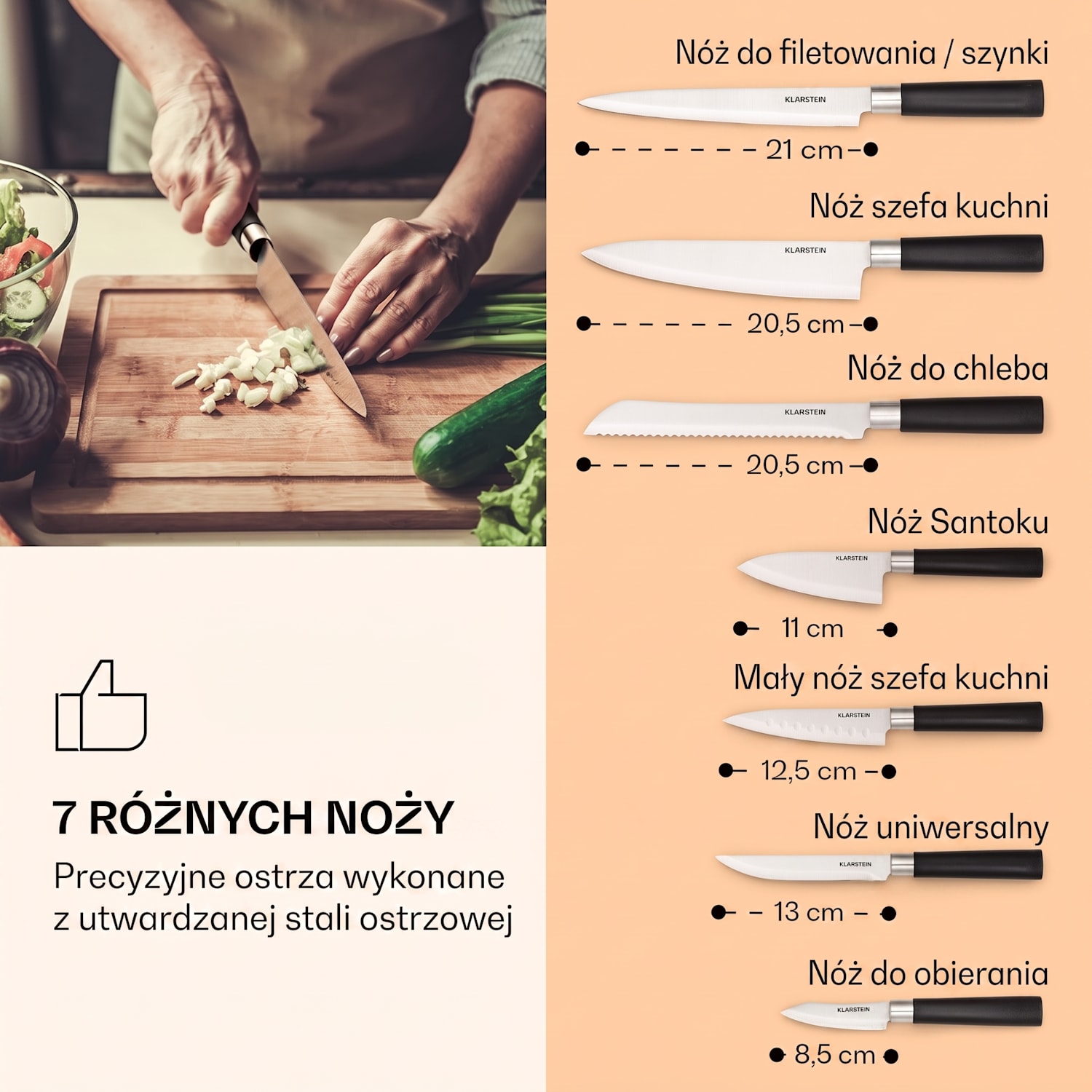 Kitano, zestaw noży w drewnianym bloku, 7 noży, stal szlachetna Akacja