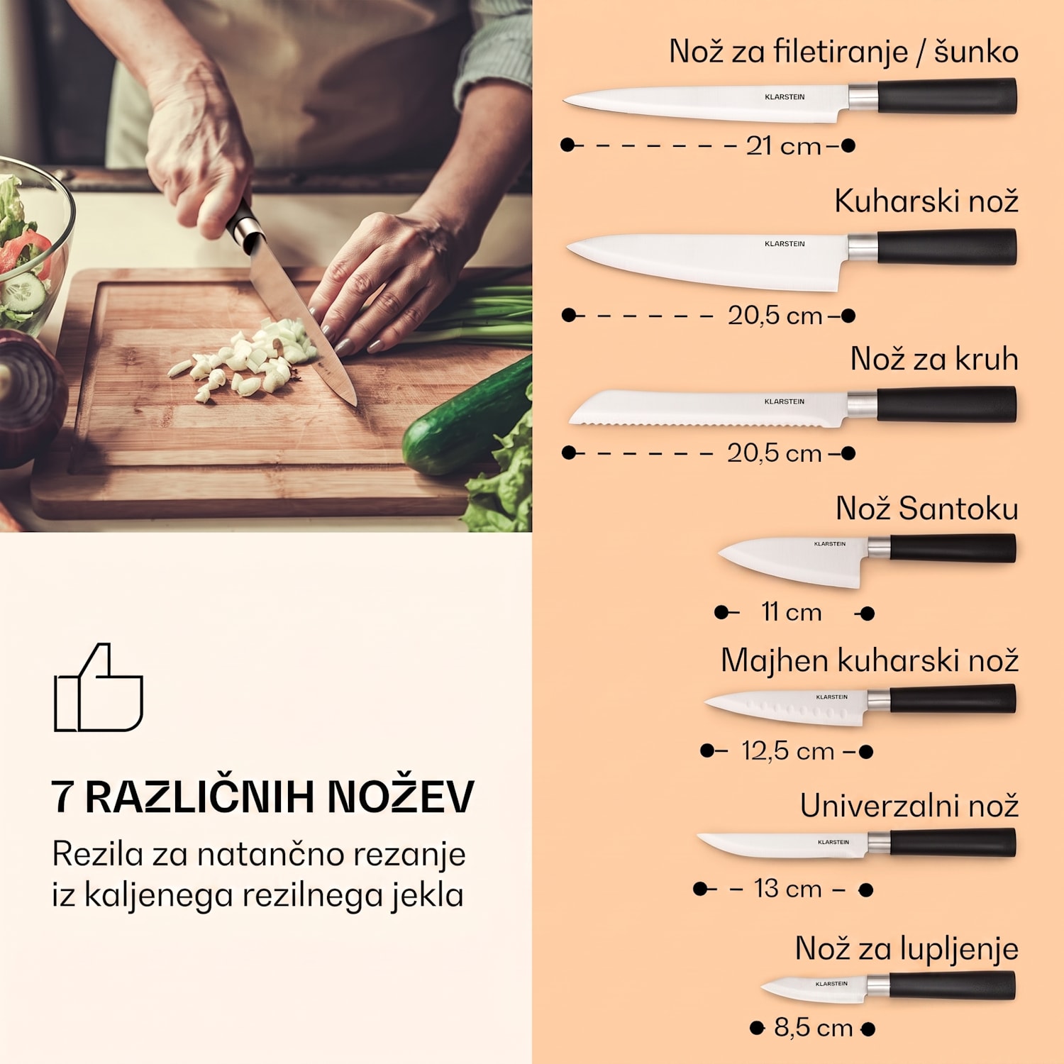 Kitano, 8-delni set nožev z blokom za shranjevanje, 7 nožev, jeklo, luksuzni leseni blok Akacija