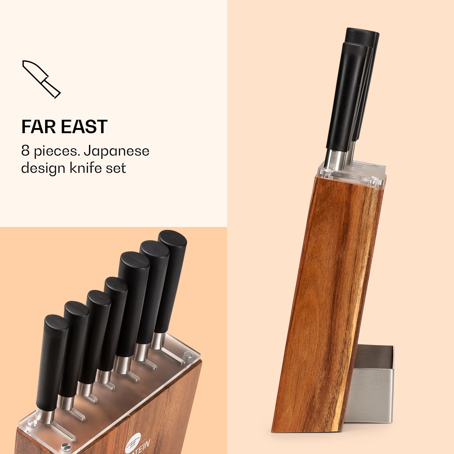 Kitano juego de cuchillos 8 piezas con bloque, 7 cuchillos acero, bloque de madera noble Acacia