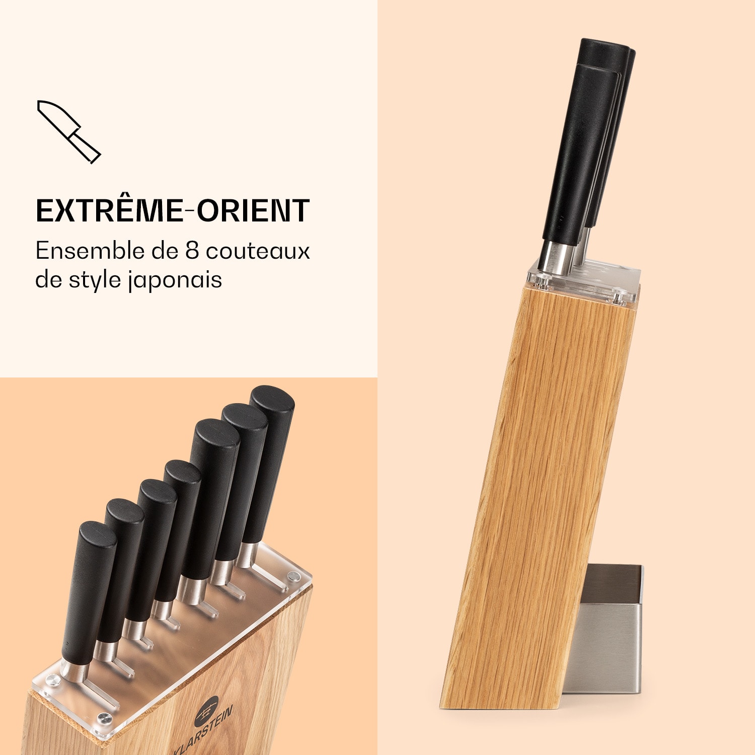 Kitano 8 pcs. Set de couteaux avec bloc 7 couteaux acier élégant bloc en bois Chêne