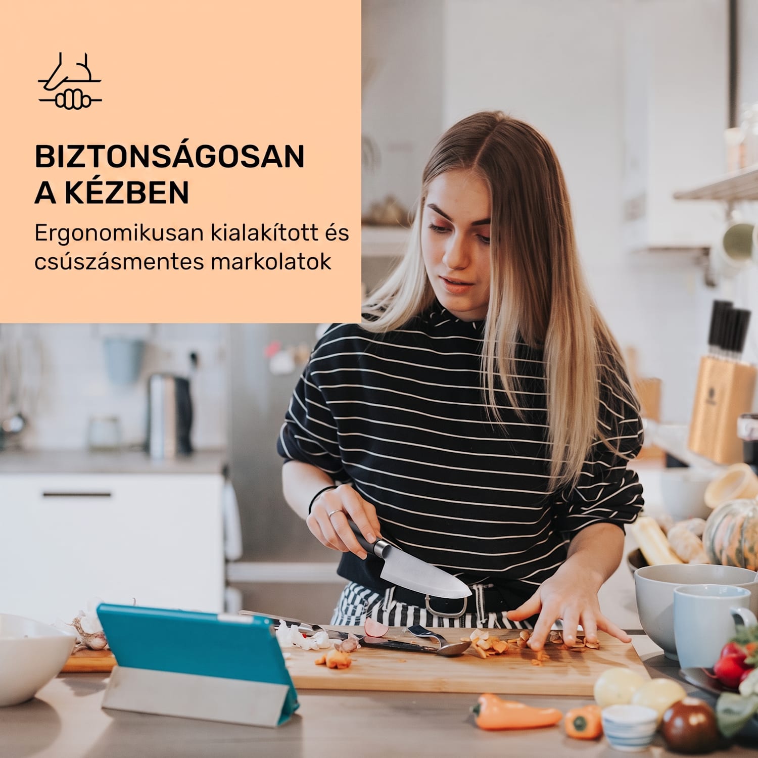 Kitano, késkészlet tömbbel, 8 darabos, 7 kés, acél, luxus fa blokk Tölgy