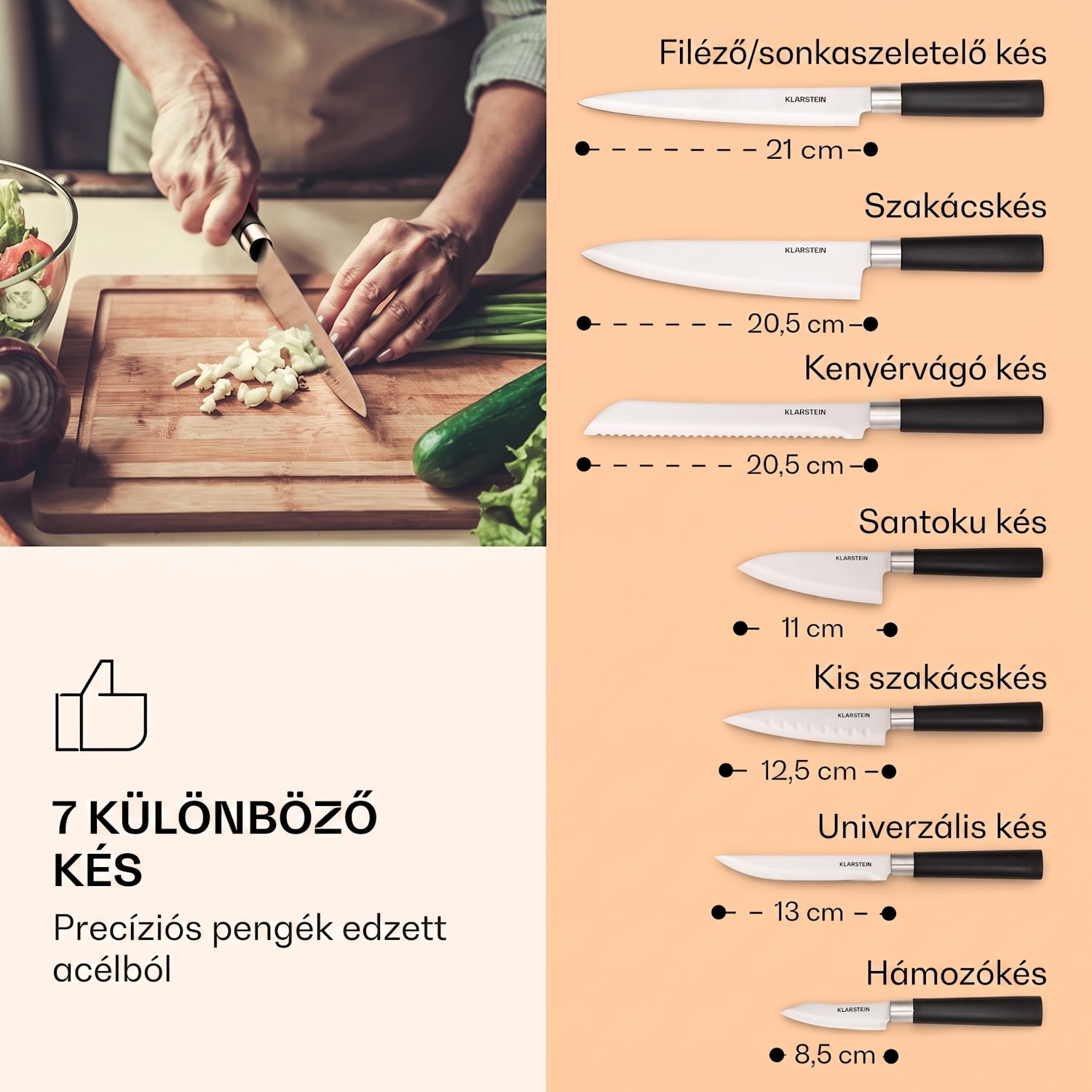 Kitano, késkészlet tömbbel, 8 darabos, 7 kés, acél, luxus fa blokk Tölgy