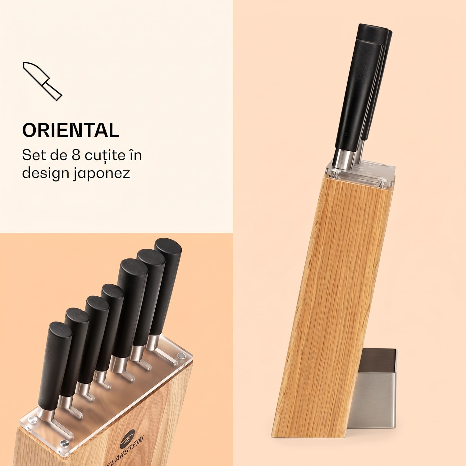 Kitano, 8 delar Knivset med knivblock, precisionsblad Stejar