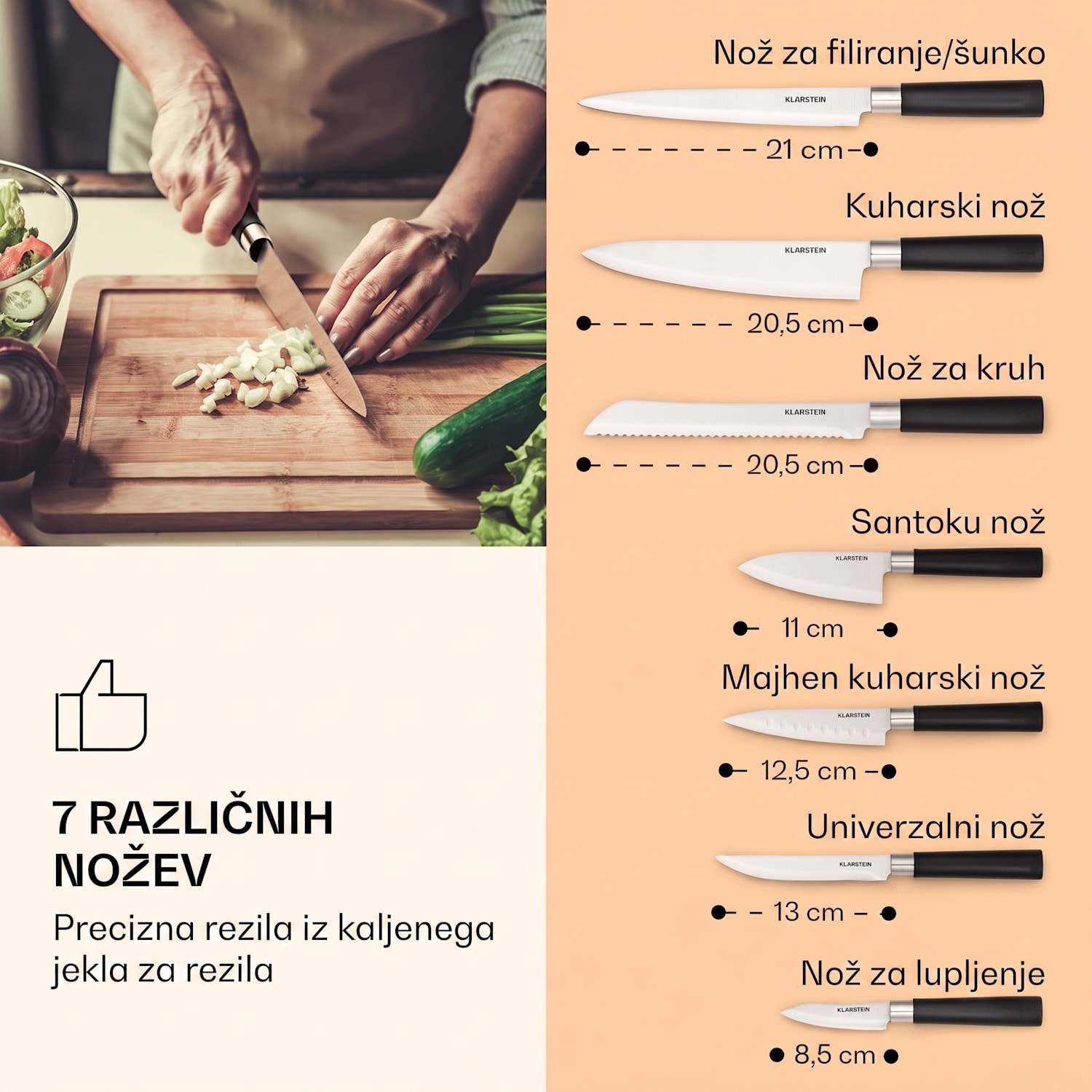 Kitano, 8-delni set nožev z blokom za shranjevanje, 7 nožev, jeklo, luksuzni leseni blok Hrast