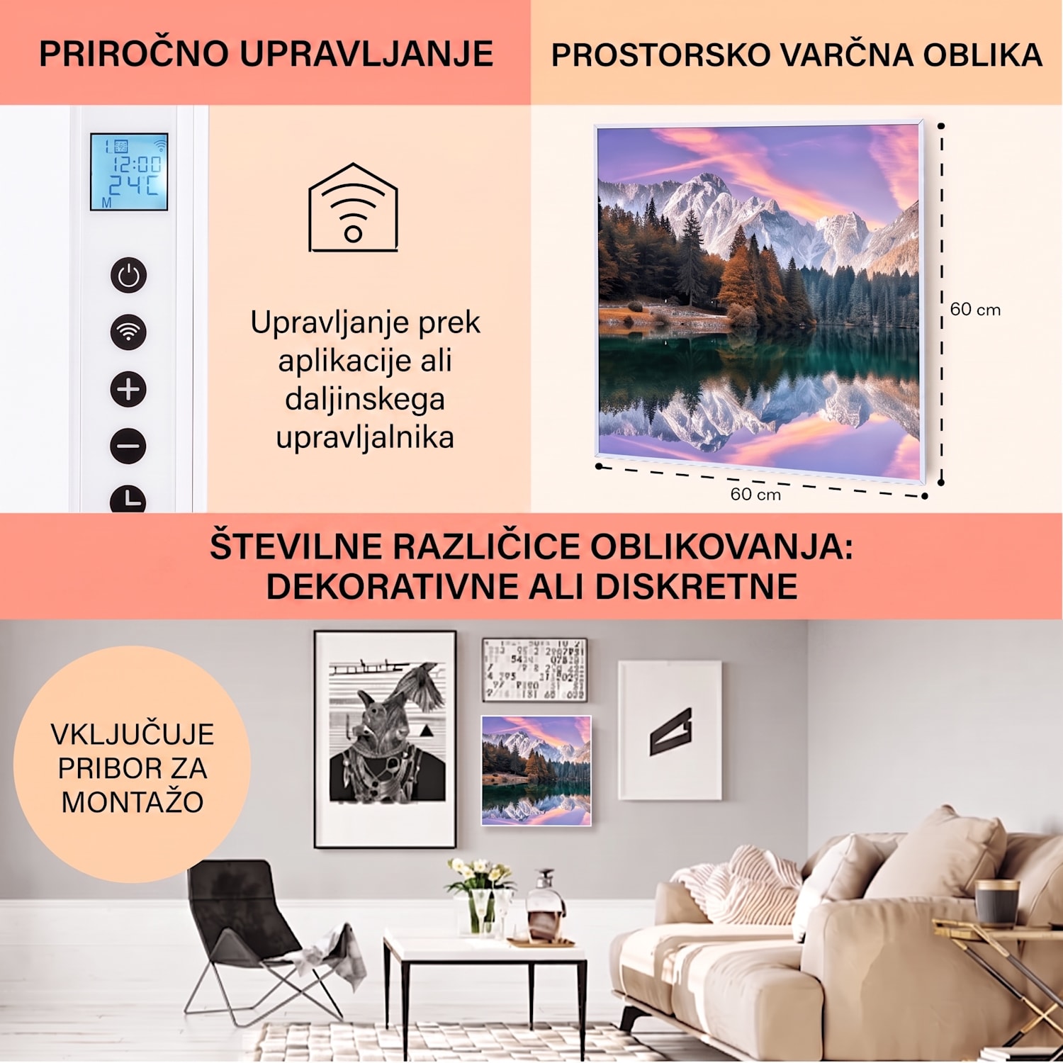 Wonderwall Air Art Smart, infrardeč grelnik, morje, 60 x 60 cm, 350 W 60 x 60 cm | 350 W | Sončni zahod nad jezerom