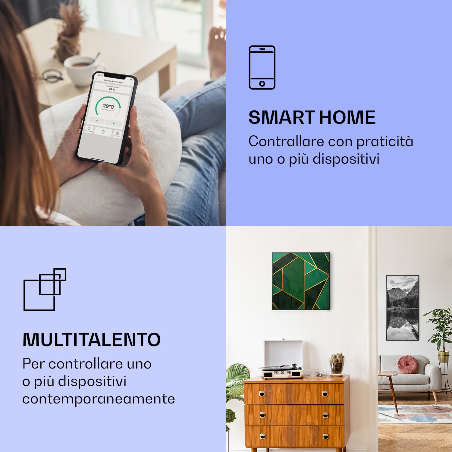 Wonderwall Air Art Smart Riscaldatore a infrarossi Linea verde 60x60cm 350W 60 x 60 cm | Linea verde, cornice nera
