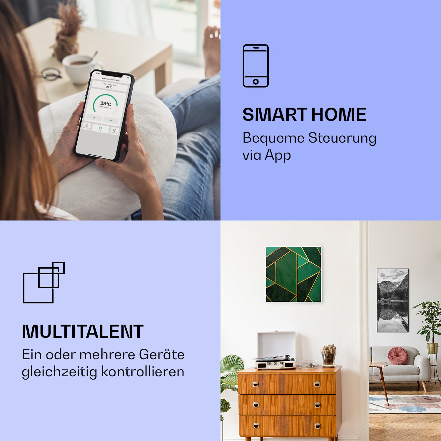 Wonderwall Air Art Smart Infrarotheizung Grüne Linie 60x60cm 350W 60 x 60 cm | Grüne Linie, weißer Rahmen
