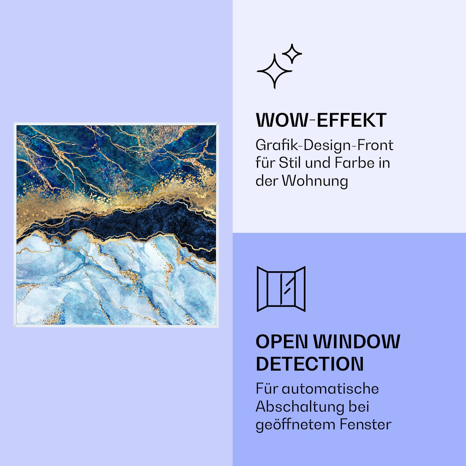 Wonderwall Air Art Smart Infrarotheizung Blauer Marmor 60x60cm 350W 60 x 60 cm | Blauer Marmor, weißer Rahmen