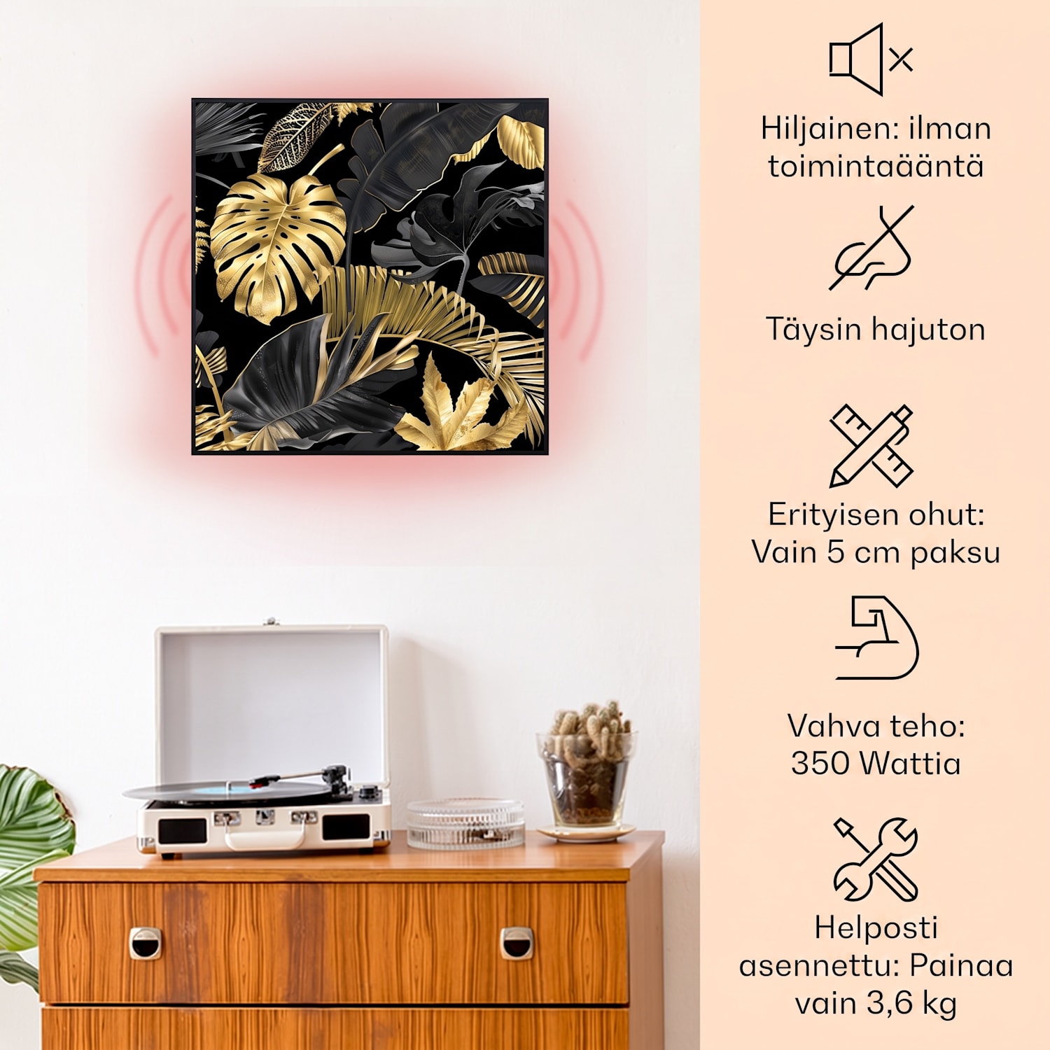 Wonderwall Air Art Smart infrapunalämmitin musta kukka   60x60cm 350 W 60 x 60 cm | Musta kukka, musta kehys