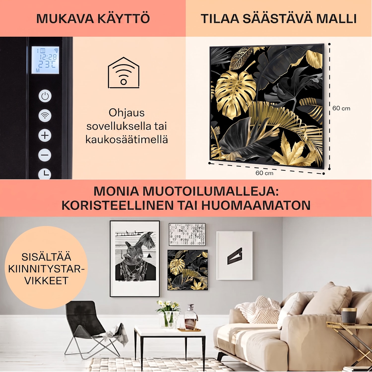 Wonderwall Air Art Smart infrapunalämmitin musta kukka   60x60cm 350 W 60 x 60 cm | Musta kukka, musta kehys