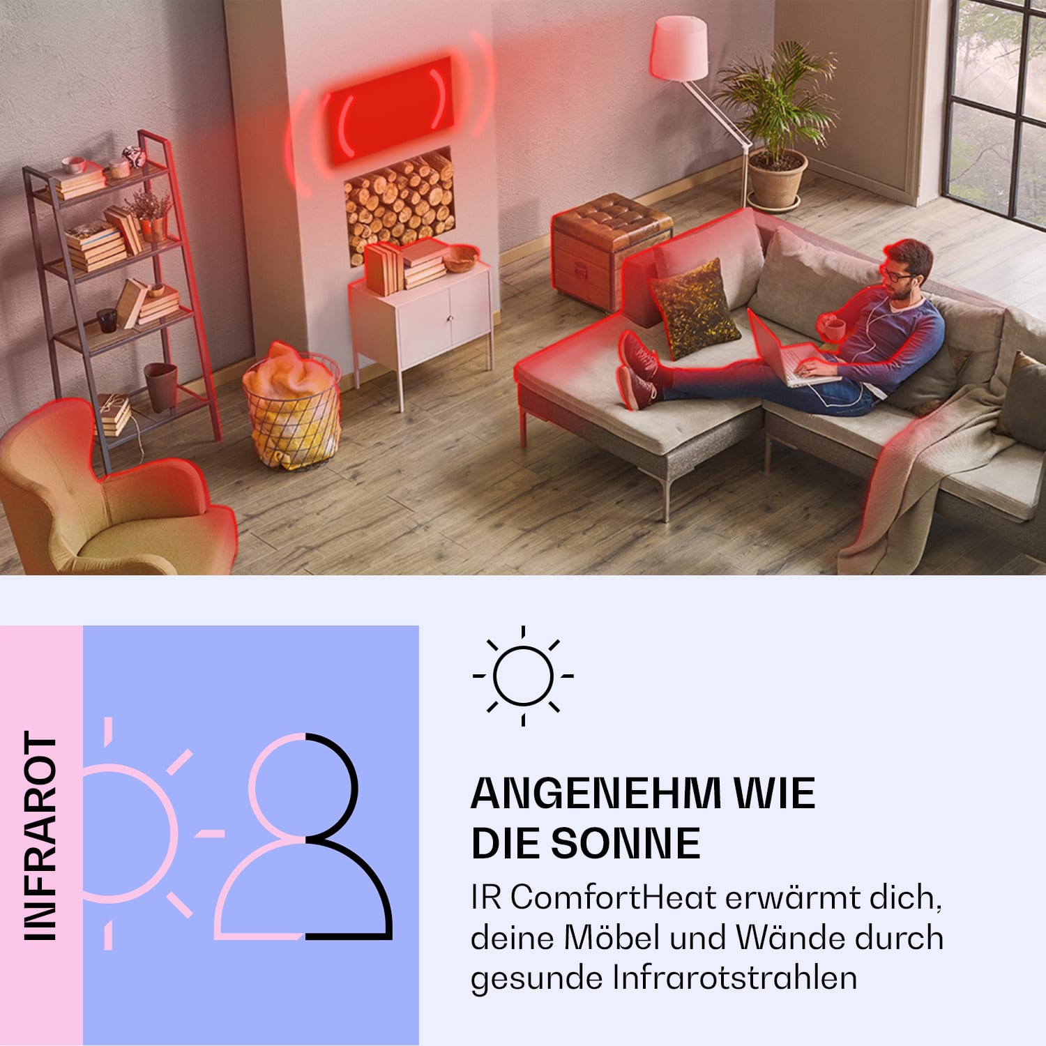 Wonderwall Air Art Smart Infrarotheizung Schwarze Blume 60x60cm 350W 60 x 60 cm | Schwarze Blume, weißer Rahmen