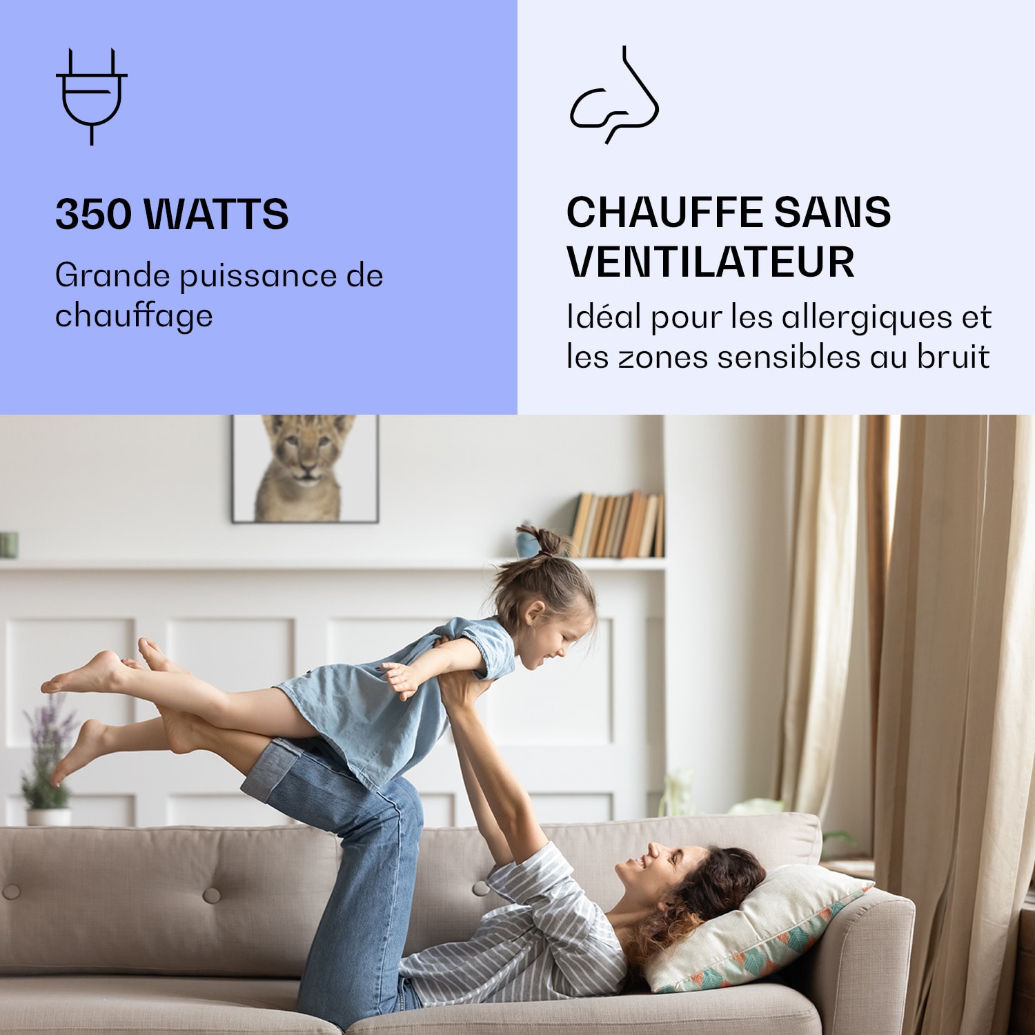 Radiateur infrarouge intelligent Wonderwall Air Art décor lion 60x60 cm 350 W 60 x 60 cm | Lion, cadre noir