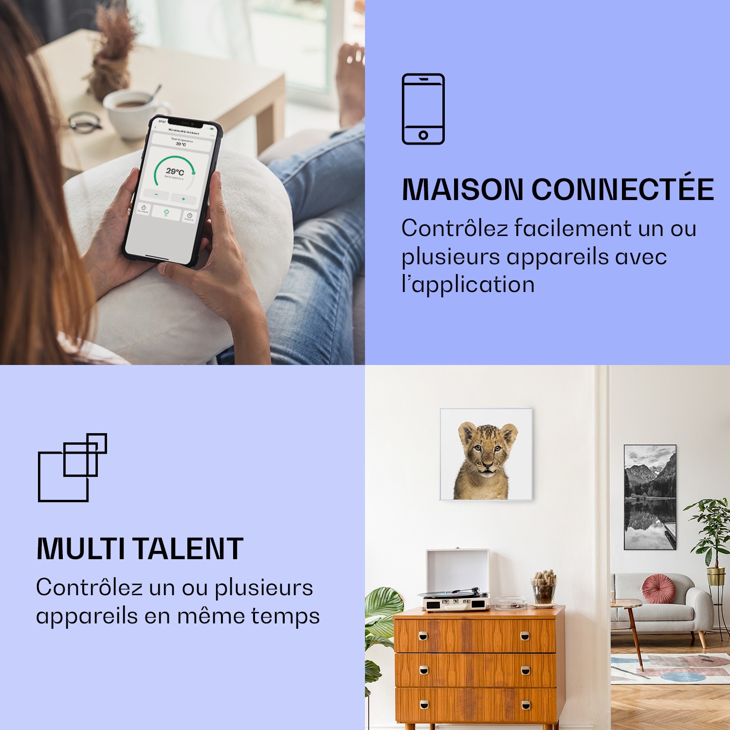 Radiateur infrarouge intelligent Wonderwall Air Art décor lion 60x60 cm 350 W 60 x 60 cm | Lion, cadre blanc