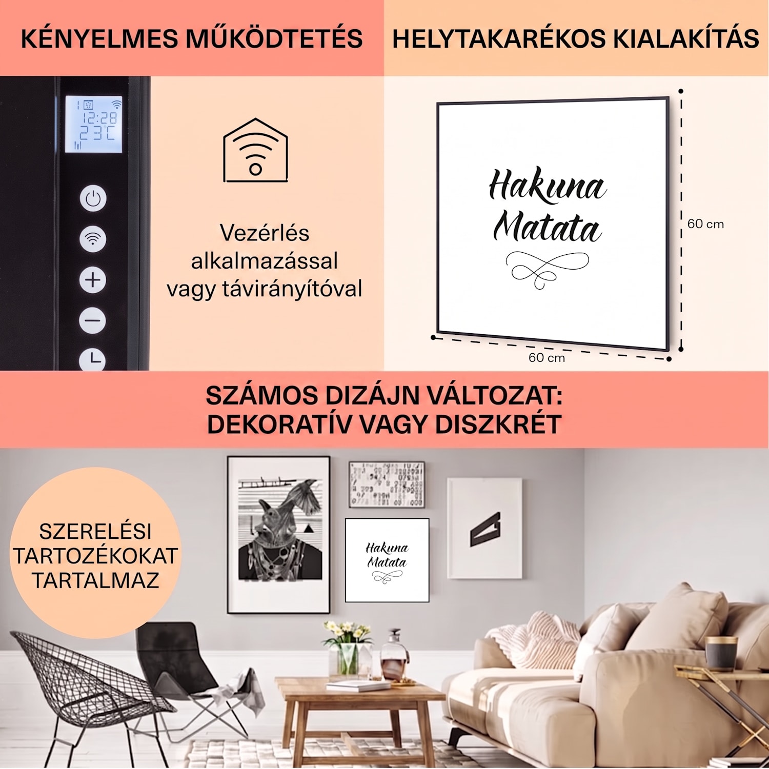 Wonderwall Air Art Smart, infravörös hősugárzó, 60 x 60 cm, 350 W, mottó 60 x 60 cm | 350 W | Mottó