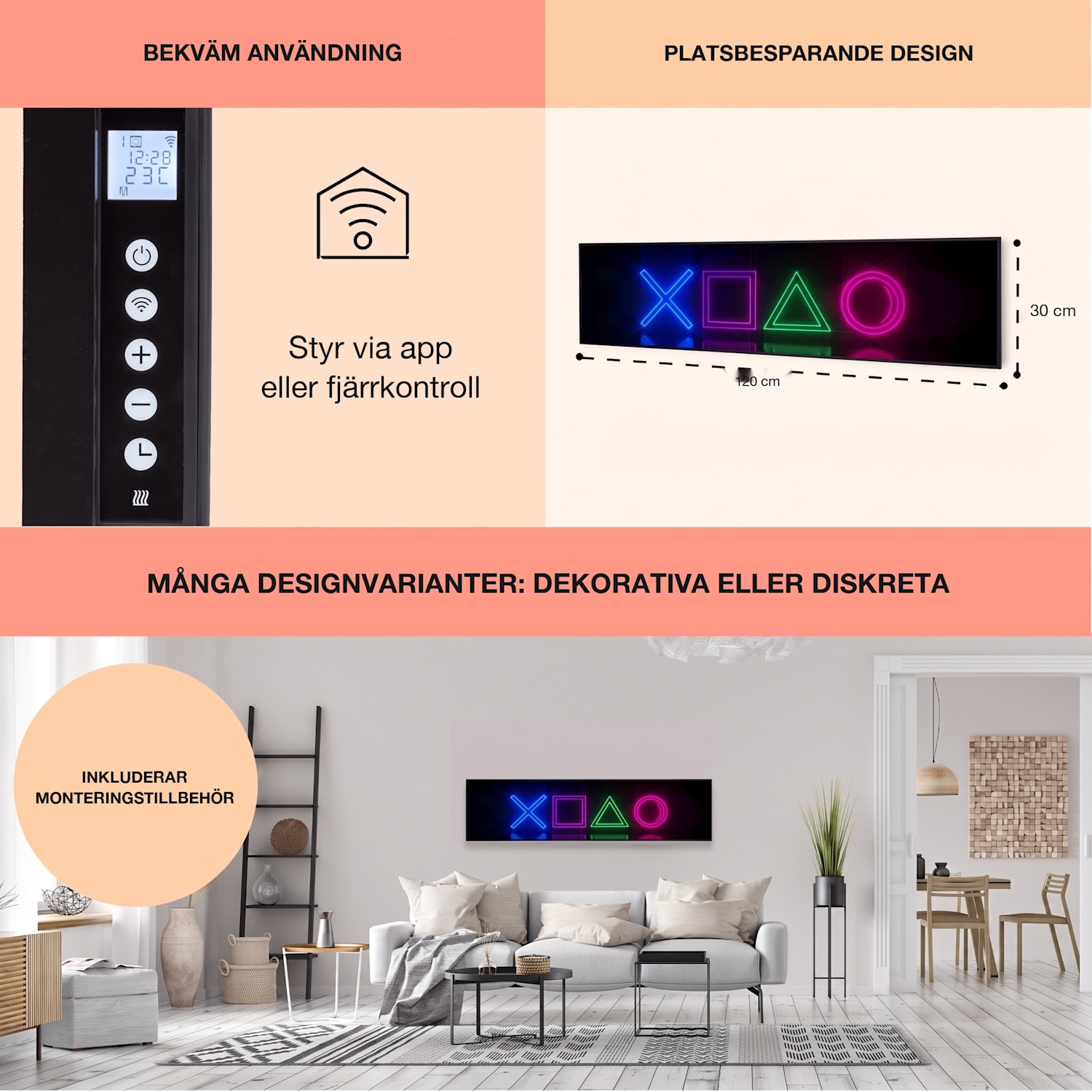 Wonderwall Air Art Smart IR-värmare Spel 120x30cm 350 W 120 x 30 cm | 350 W | Spel