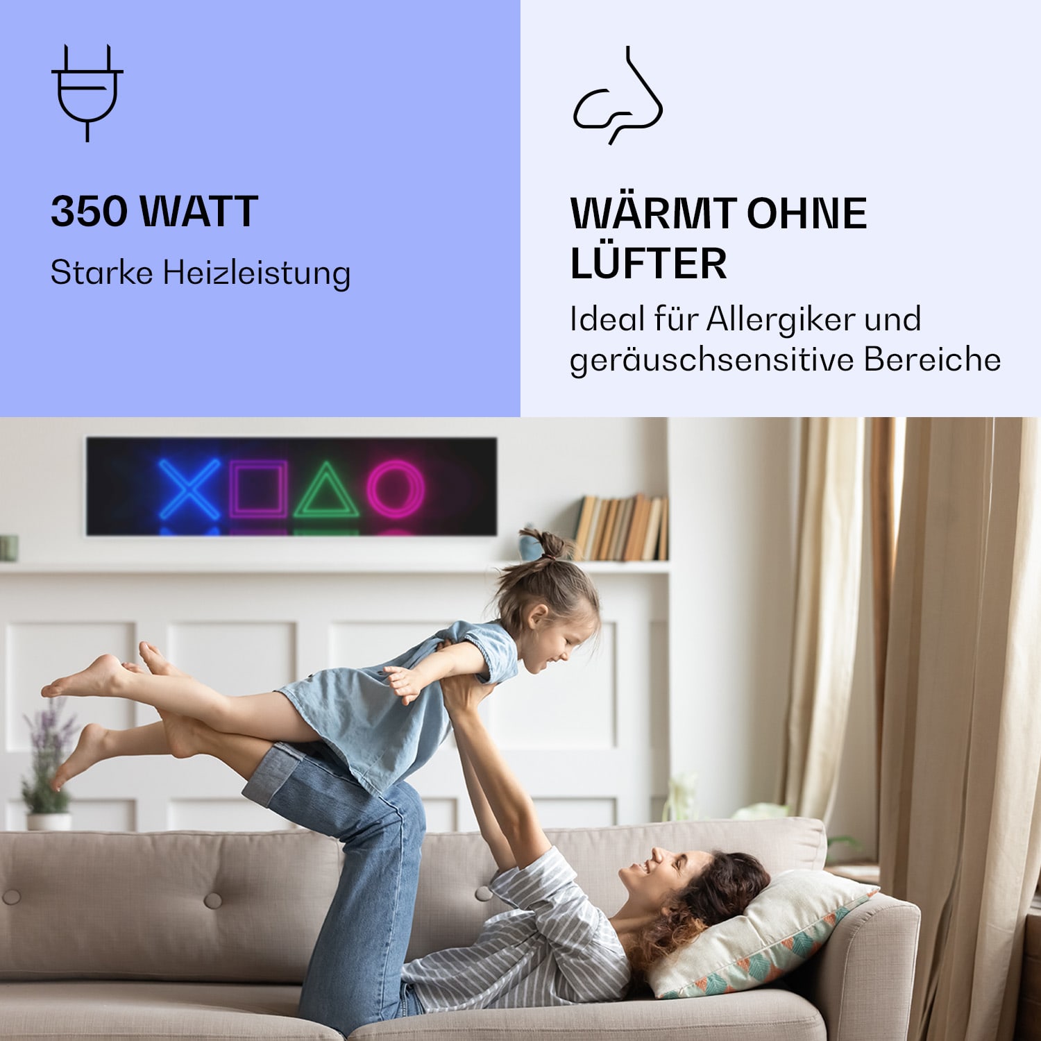 Wonderwall Air Art Smart Infrarotheizung Spiel 120x30cm 350W 120 x 30 cm | Spiel, weißer Rahmen