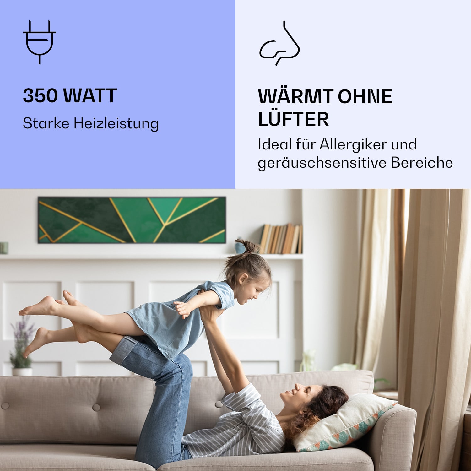 Wonderwall Air Art Smart Infrarotheizung Grüne Linie 120x30cm 350W 120 x 30 cm | Grüne Linie, schwarzer Rahmen