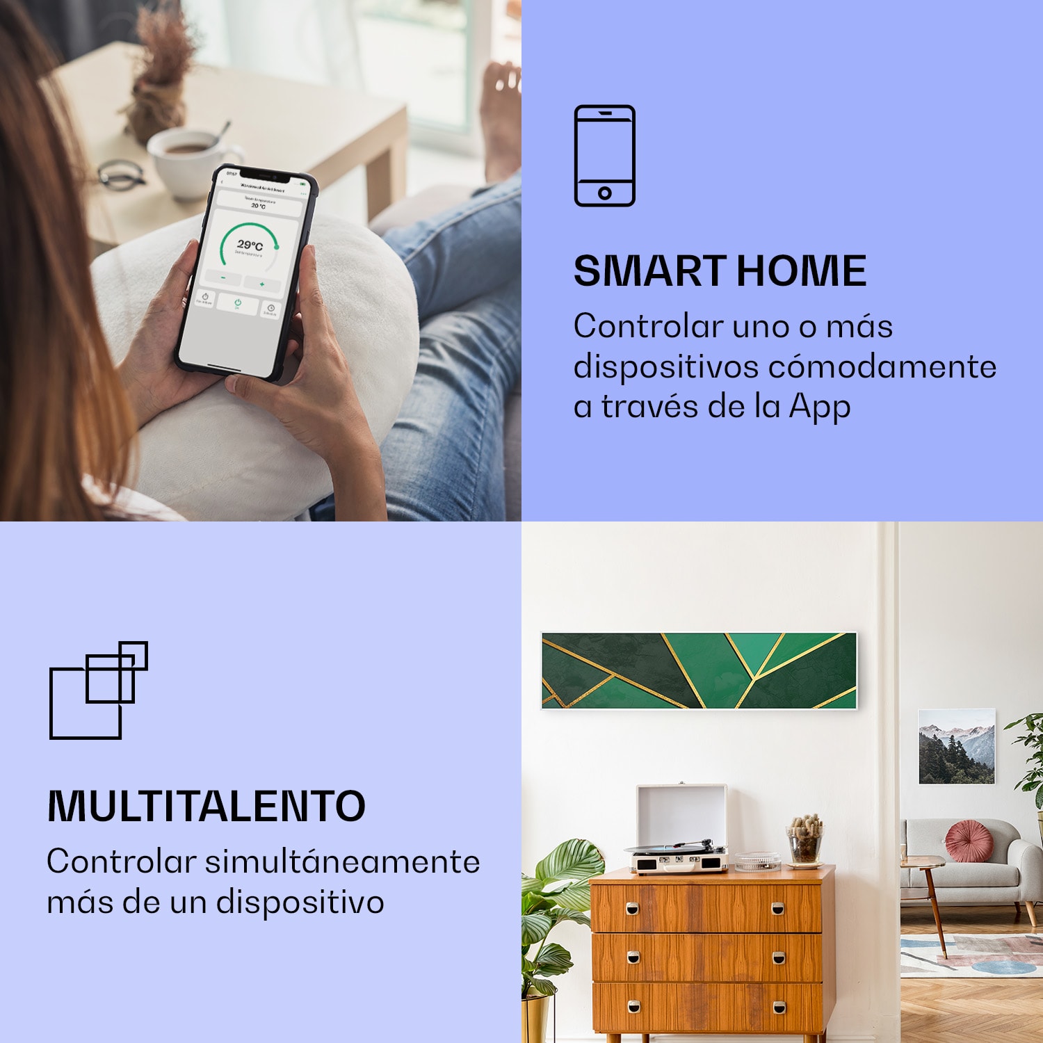 Wonderwall Air Art Calefactor infrarrojo inteligente de línea verde 120 x 30 cm 350 W 120 x 30 cm | Línea verde, marco blanco