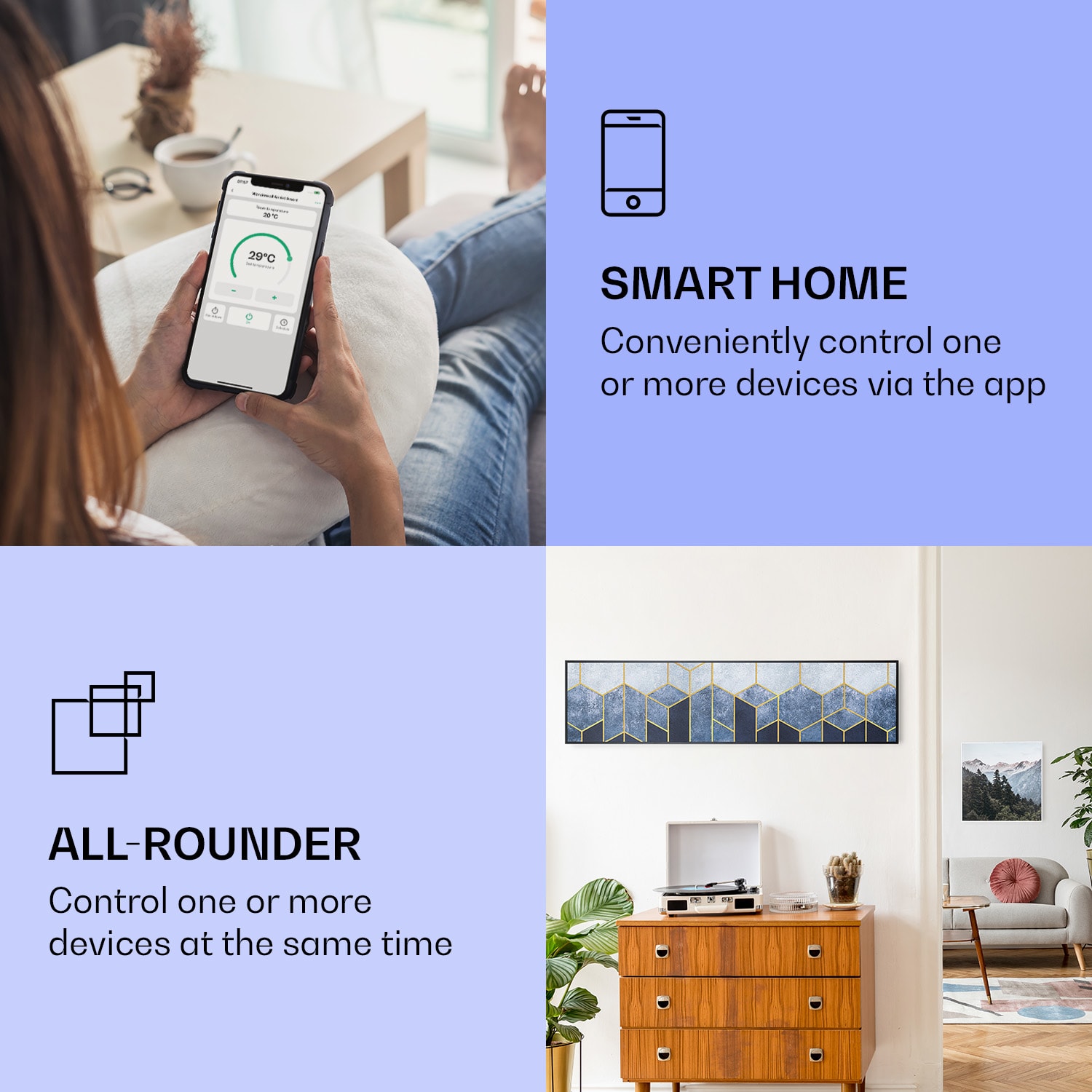 Wonderwall Air Art Smart, infravörös hősugárzó, 120 x 30 cm, 350 W, kék csík 120 x 30 cm | Kék vonal, fekete keret