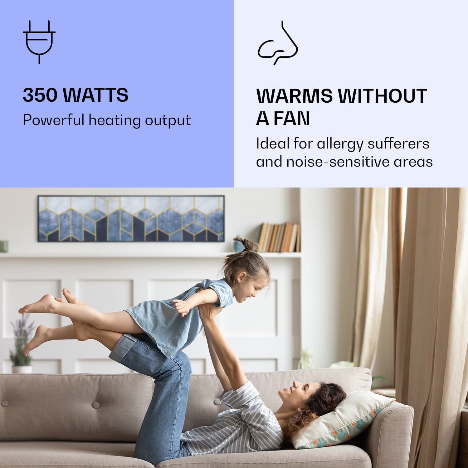 Wonderwall Air Art Smart, infravörös hősugárzó, 120 x 30 cm, 350 W, kék csík 120 x 30 cm | Kék vonal, fekete keret