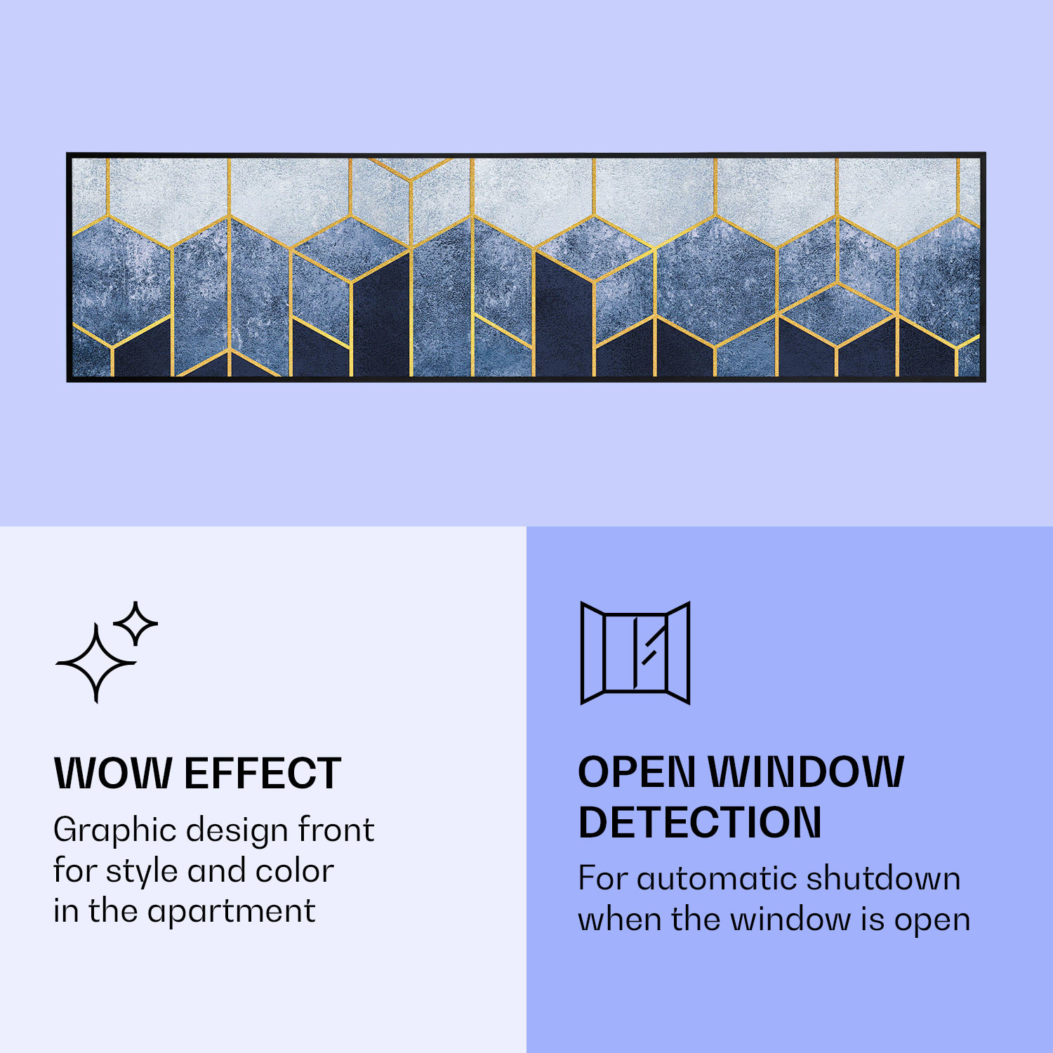 Wonderwall Air Art Smart, infravörös hősugárzó, 120 x 30 cm, 350 W, kék csík 120 x 30 cm | Kék vonal, fekete keret