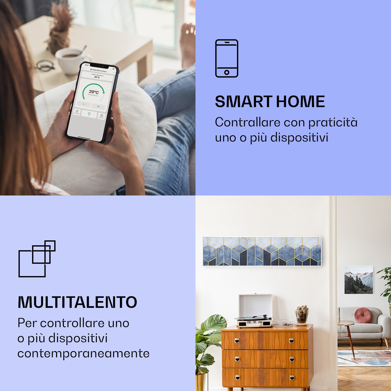 Wonderwall Air Art Smart Riscaldatore a infrarossi Linea blu 120x30cm 350W 120 x 30 cm | Linea blu, cornice bianca