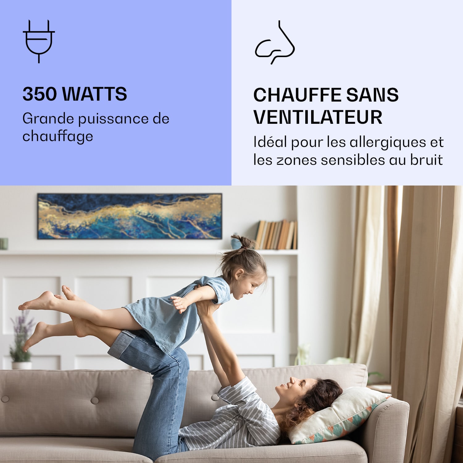 Radiateur infrarouge intelligent Wonderwall Air Art marbre bleu 120x30 cm 350 W 120 x 30 cm | Marbre bleu, cadre noir