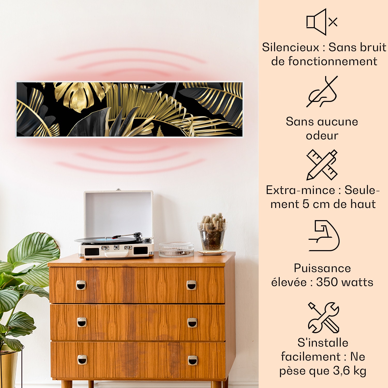 Radiateur infrarouge intelligent Wonderwall Air Art fleur noire 120x30 cm 350 W 