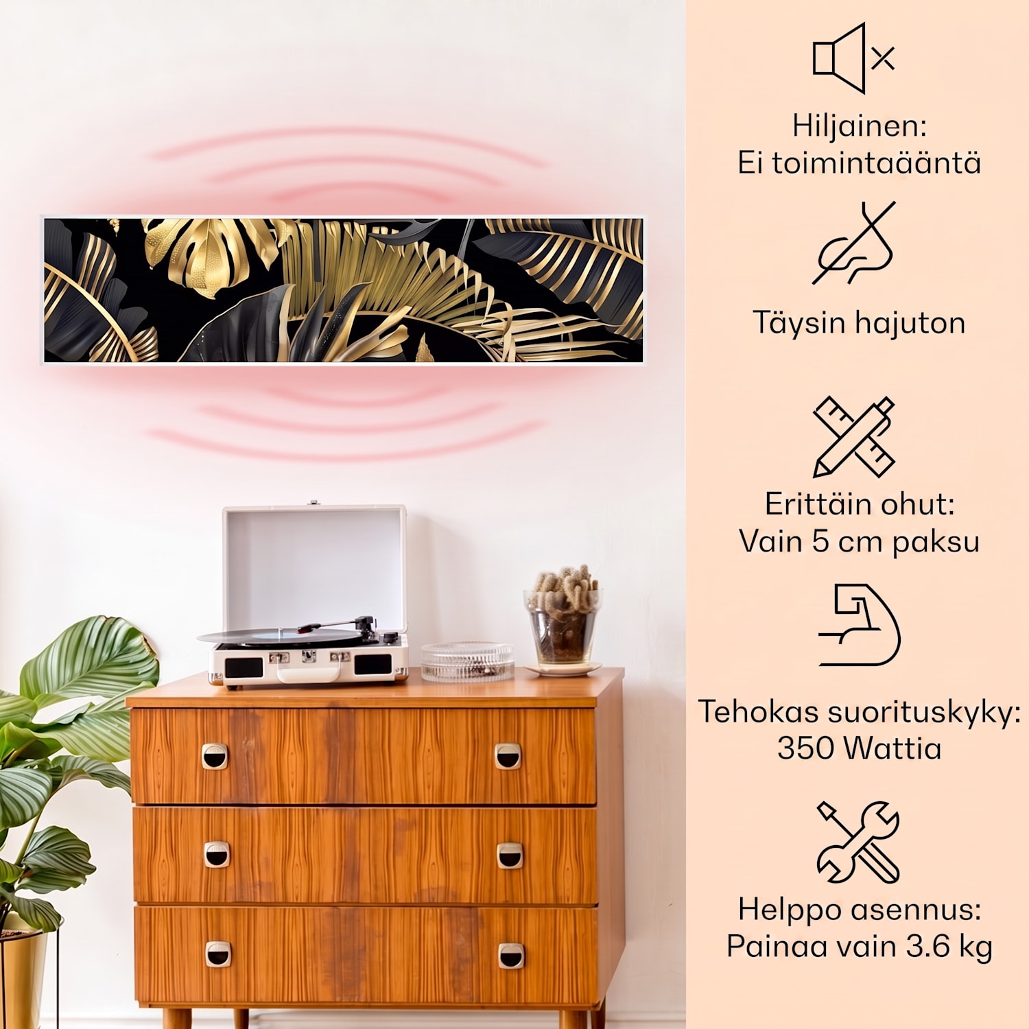 Wonderwall Air Art Smart infrapunalämmitin musta kukka 120 x 30 cm 350 W 120 x 30 cm | 350 W | Golden Jungle