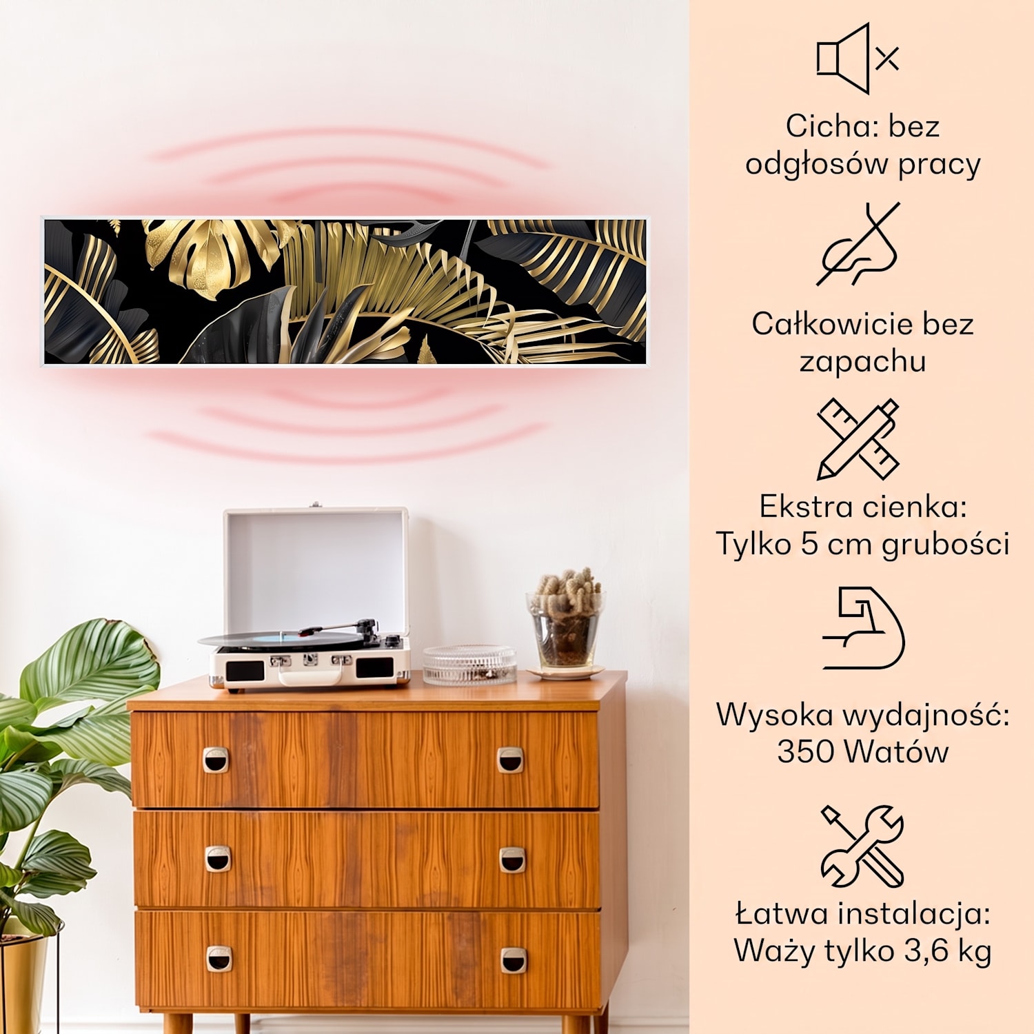 Wonderwall Air Art Smart, panel grzewczy na podczerwień, grzejnik, 120 x 30 cm, 350 W, czarny kwiat 120 x 30 cm | 350 W | Złota dżungla