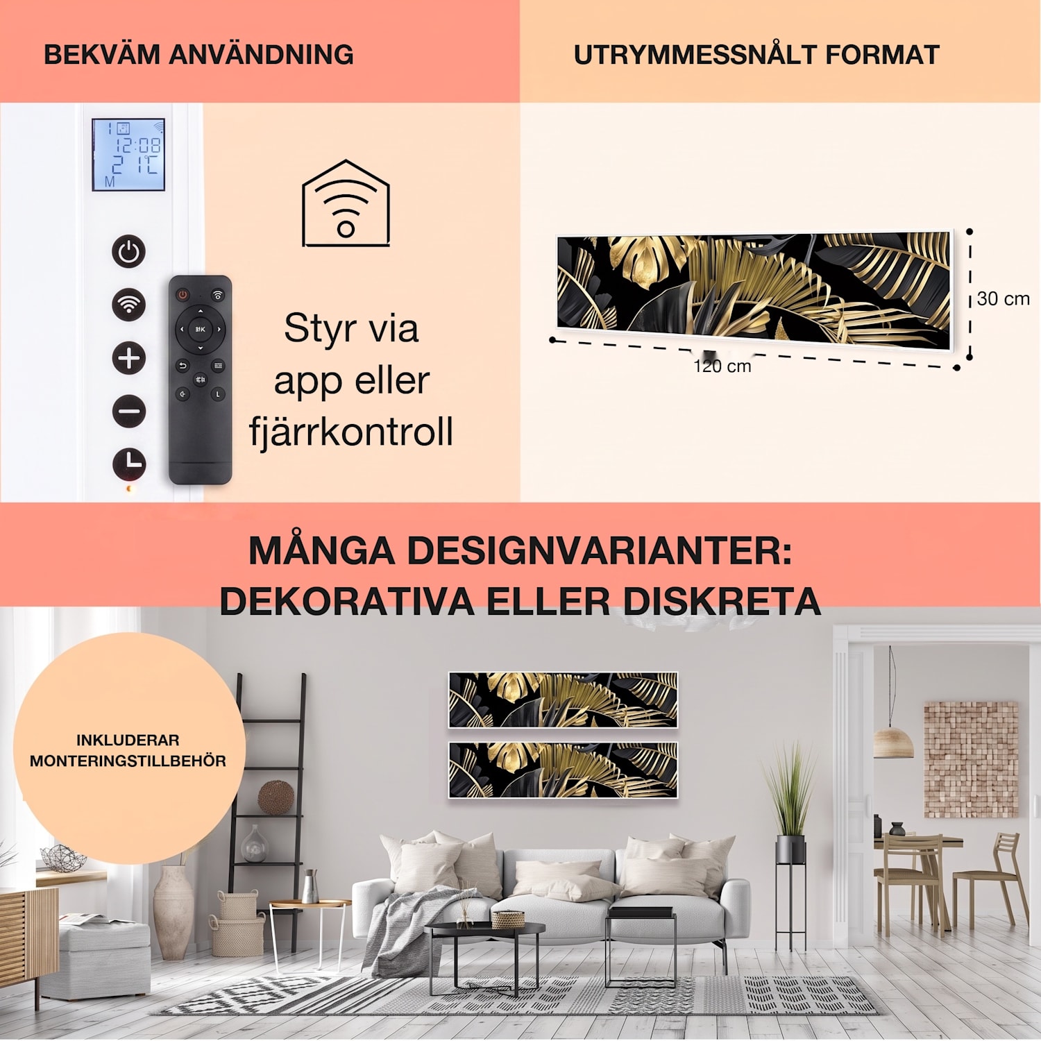 Wonderwall Air Art Smart IR-värmare svart blomma 120x30cm 350 W 120 x 30 cm | 350 W | Gyllene djungeln