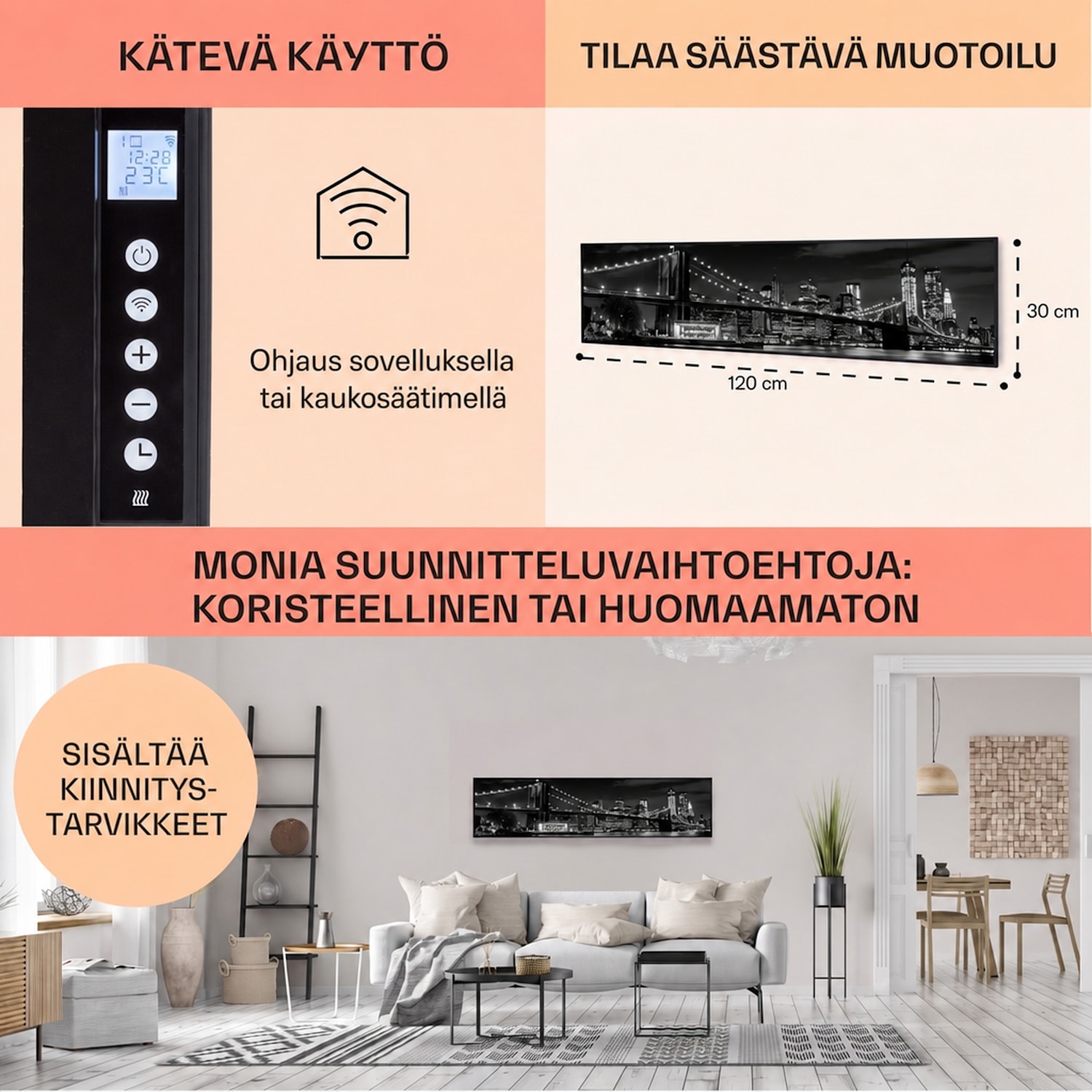 Wonderwall Air Art Smart infrapunalämmitin silta 120 x 30 cm 350 W 