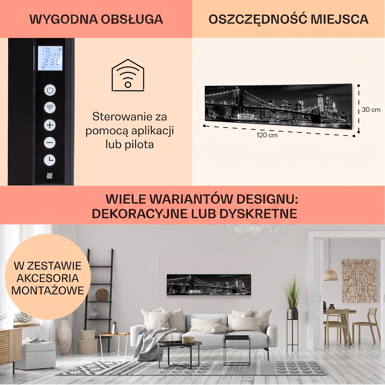 Wonderwall Air Art Smart, panel grzewczy na podczerwień, grzejnik, 120 x 30 cm, 350 W, most 120 x 30 cm | 350 W | Noc w Nowym Jorku